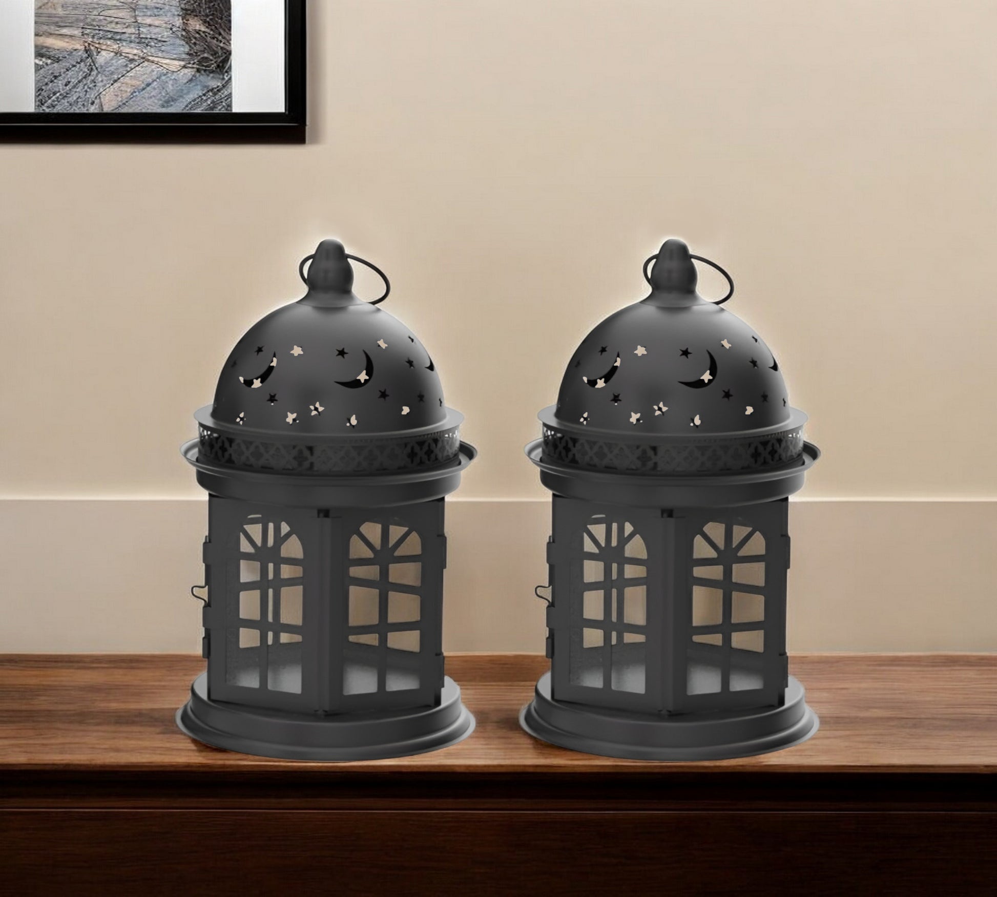 Set of Two Black Metal Celestial Tabletop Lantern Candle Holders-1