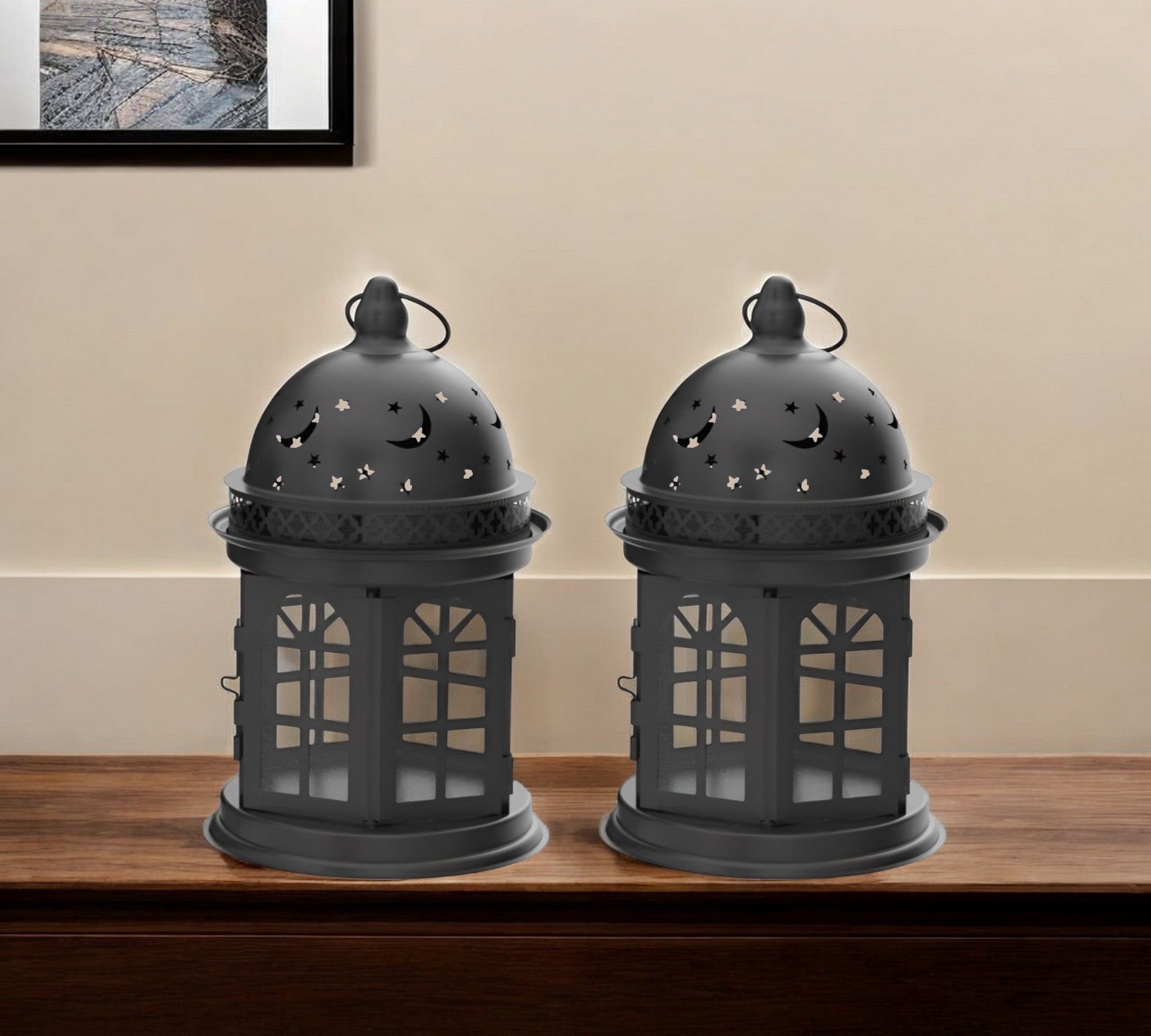 Set of Two Black Metal Celestial Tabletop Lantern Candle Holders-1