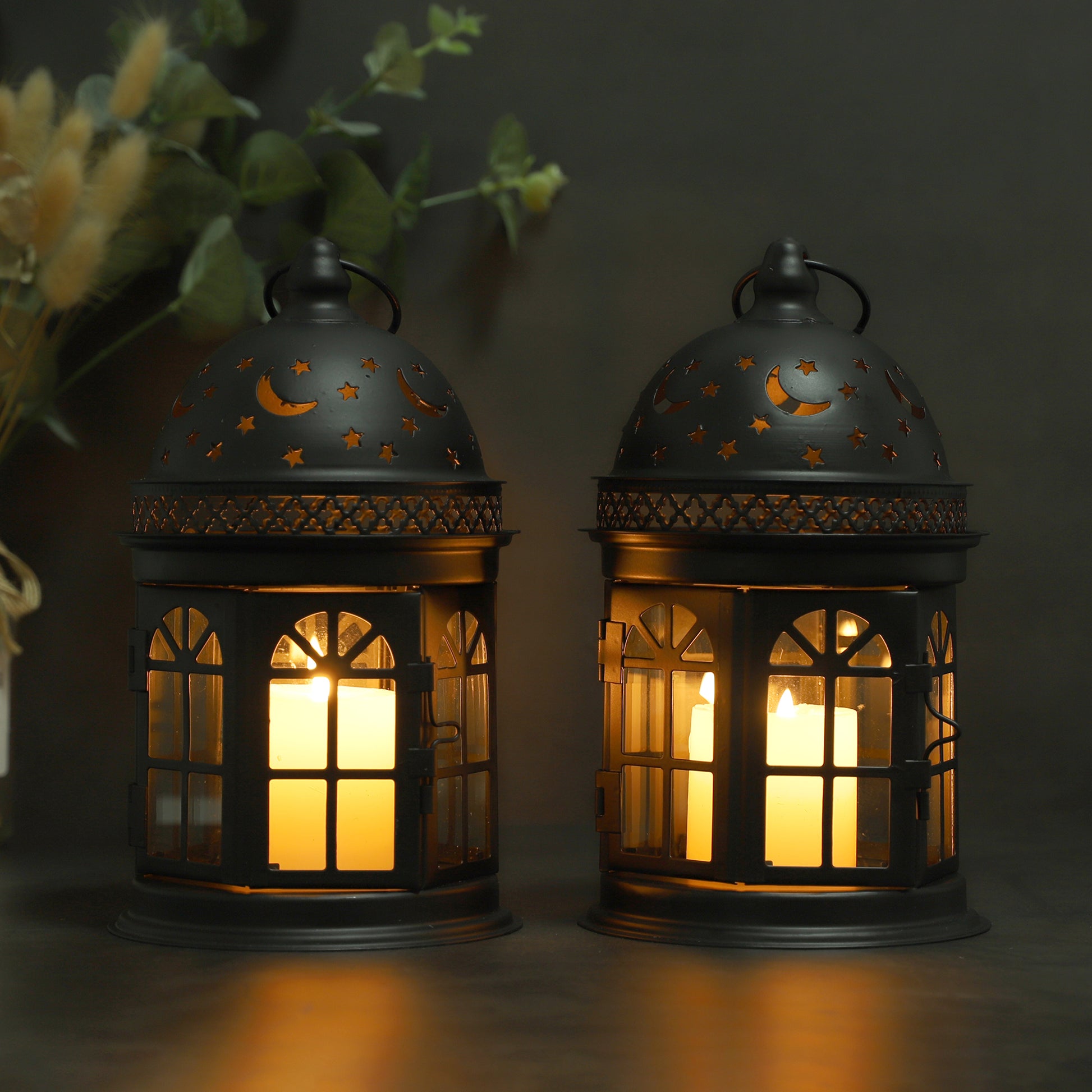 Set of Two Black Metal Celestial Tabletop Lantern Candle Holders-6