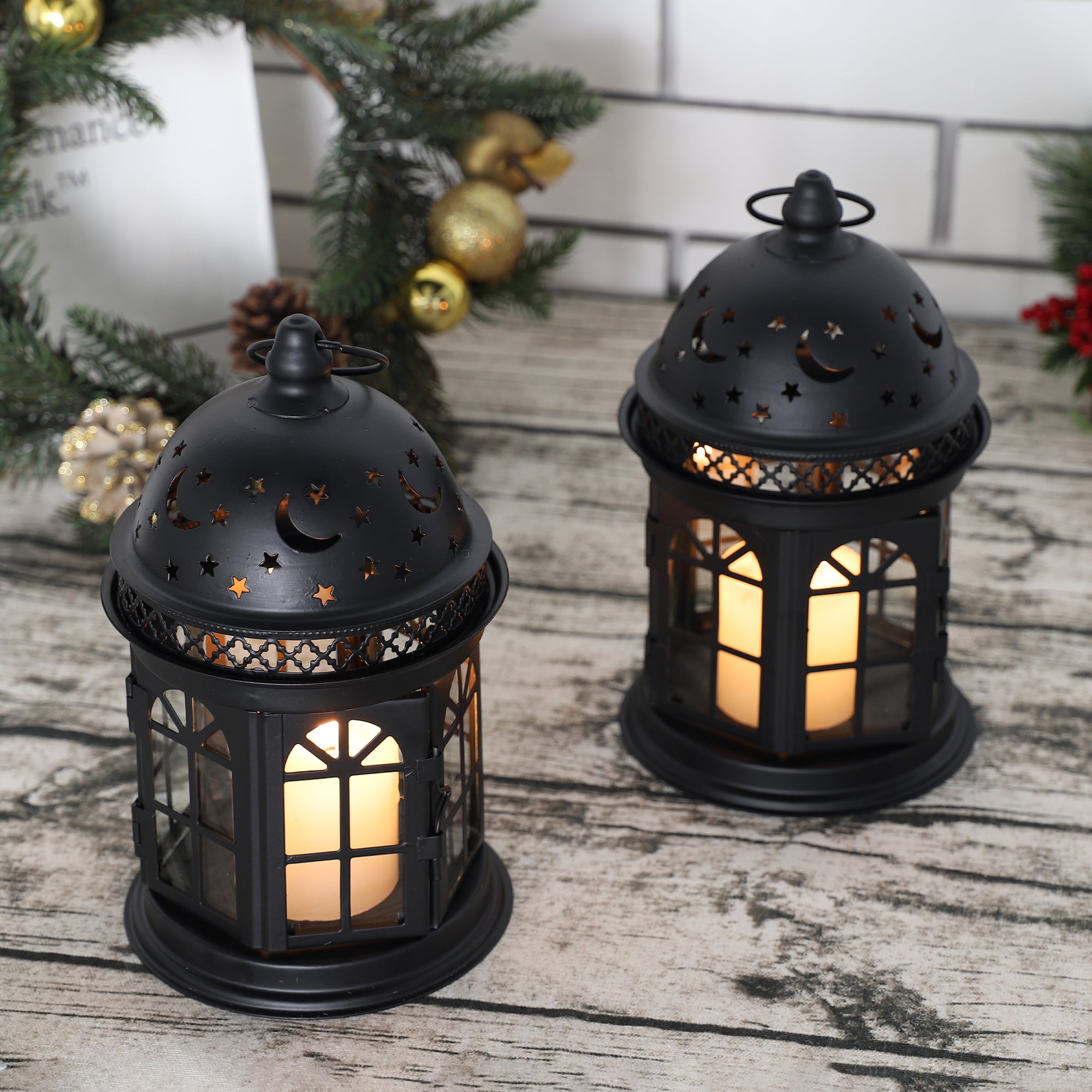 Set of Two Black Metal Celestial Tabletop Lantern Candle Holders-7