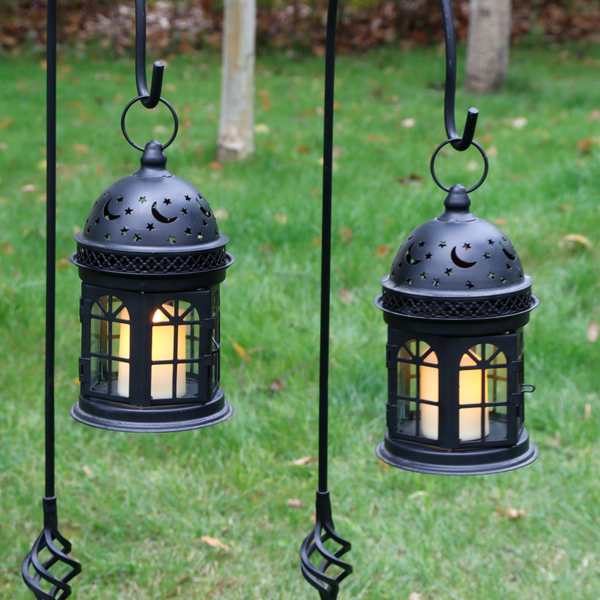 Set of Two Black Metal Celestial Tabletop Lantern Candle Holders-8