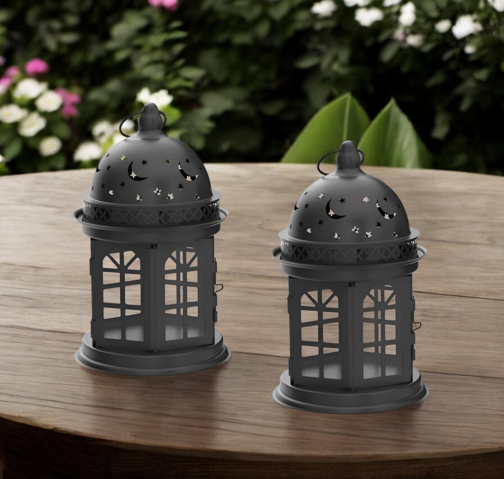 Set of Two Black Metal Celestial Tabletop Lantern Candle Holders-0