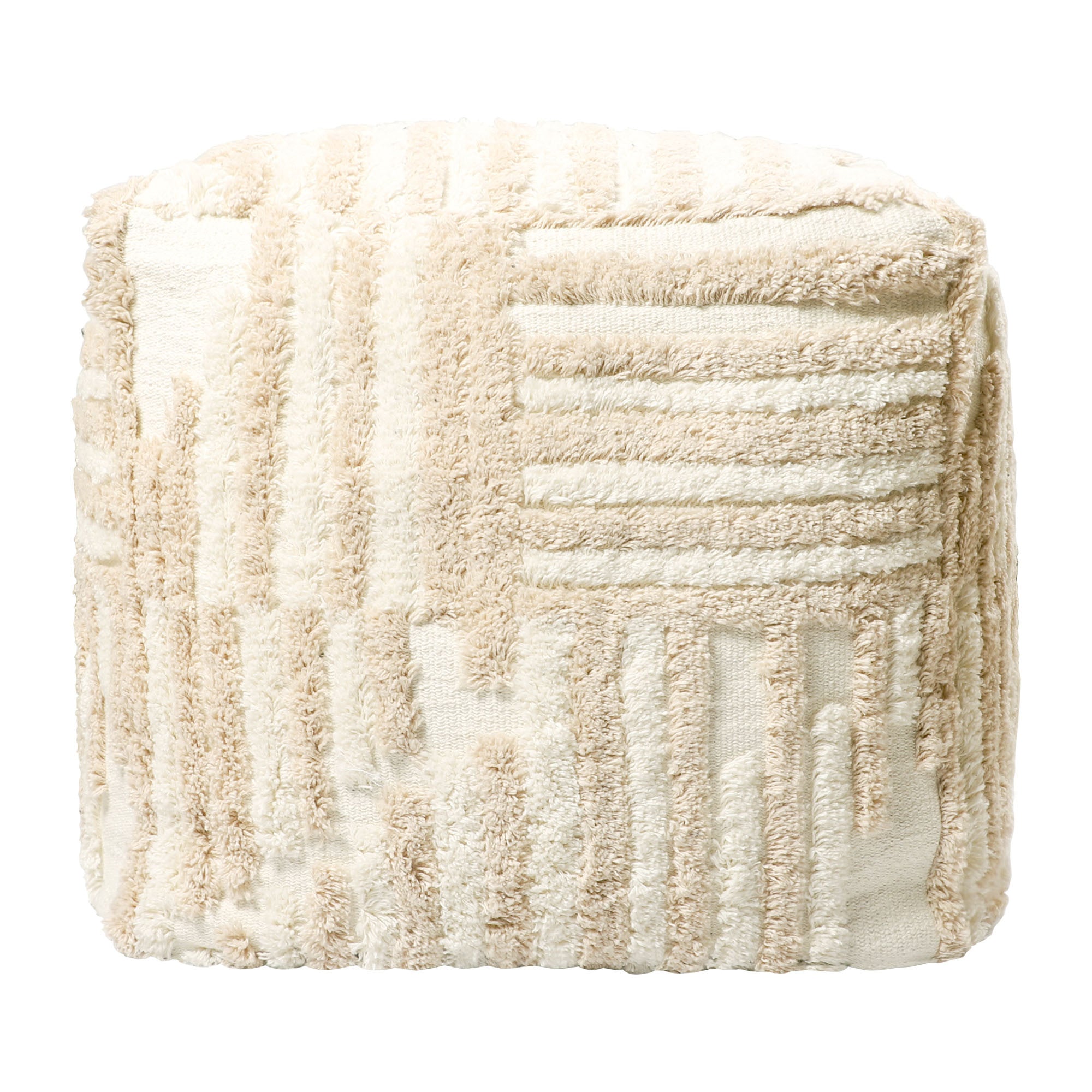 18" Beige Cotton Cube Striped Pouf Ottoman-Ottomans-DECOROLALA