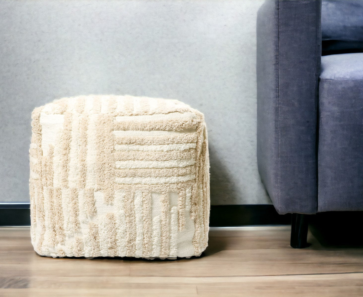 18" Beige Cotton Cube Striped Pouf Ottoman-Ottomans-DECOROLALA