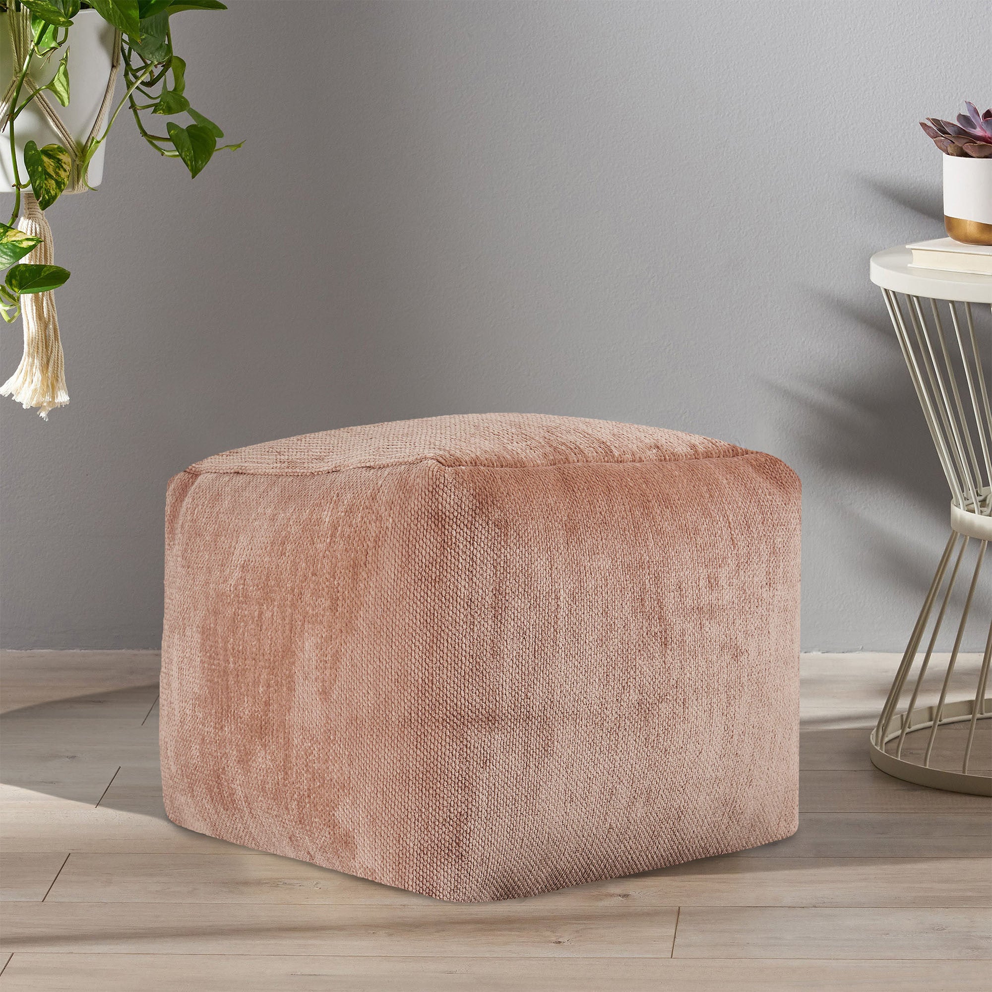 18" Beige Chenille Cube Pouf Ottoman-5
