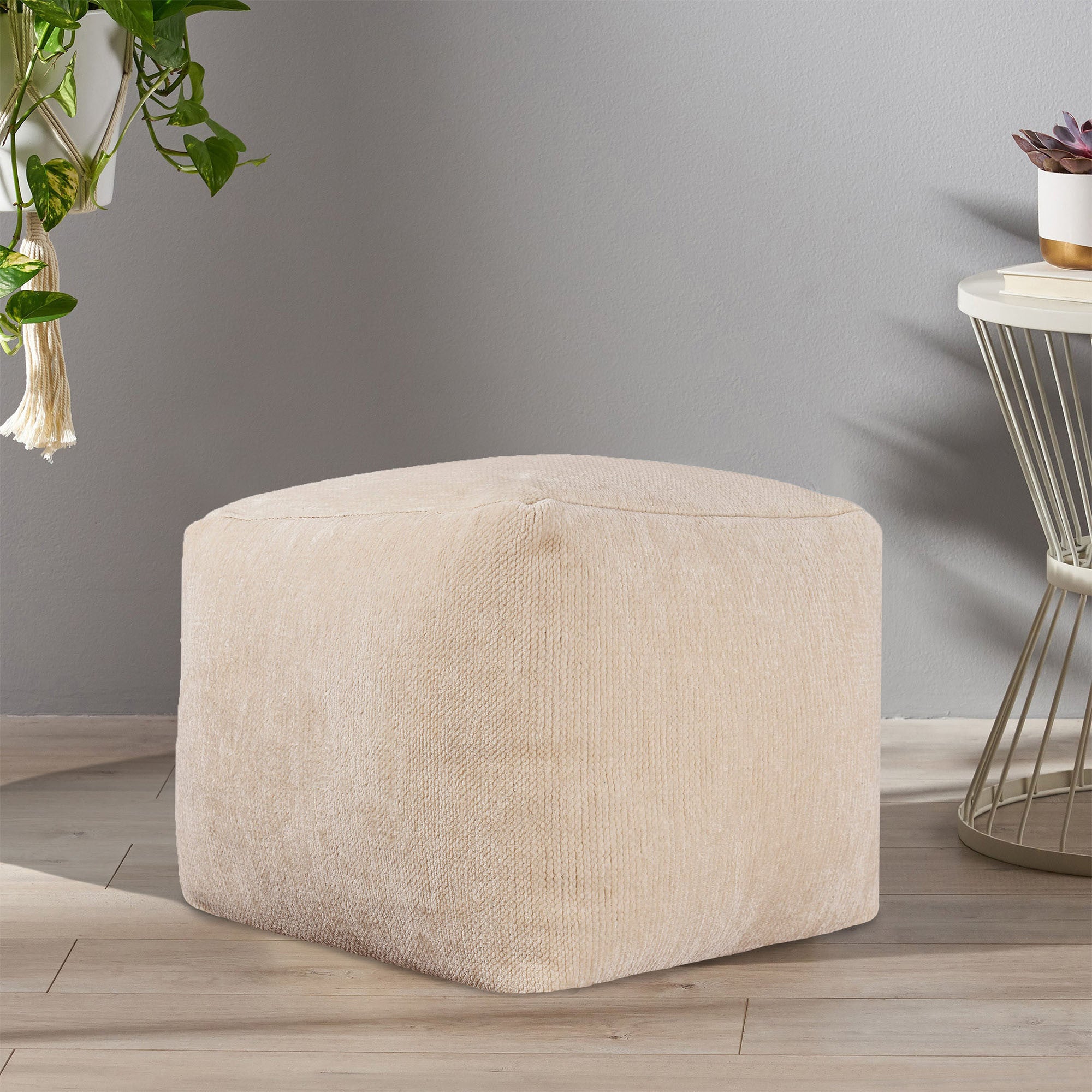 18" Ivory Chenille Cube Pouf Ottoman-5