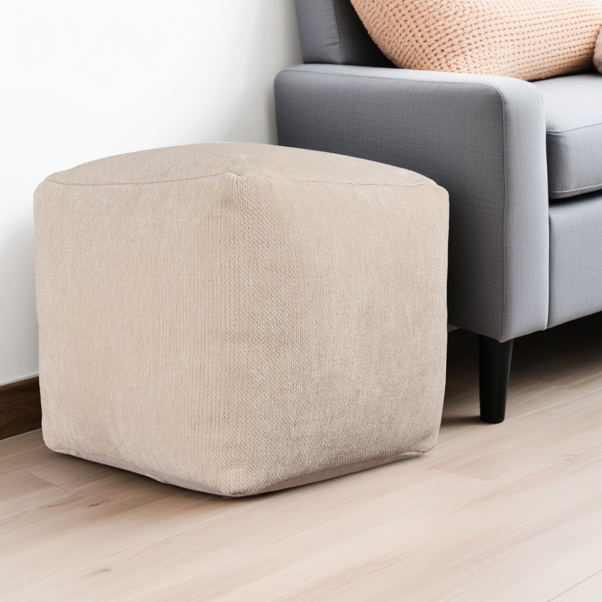 18" Ivory Chenille Cube Pouf Ottoman-0