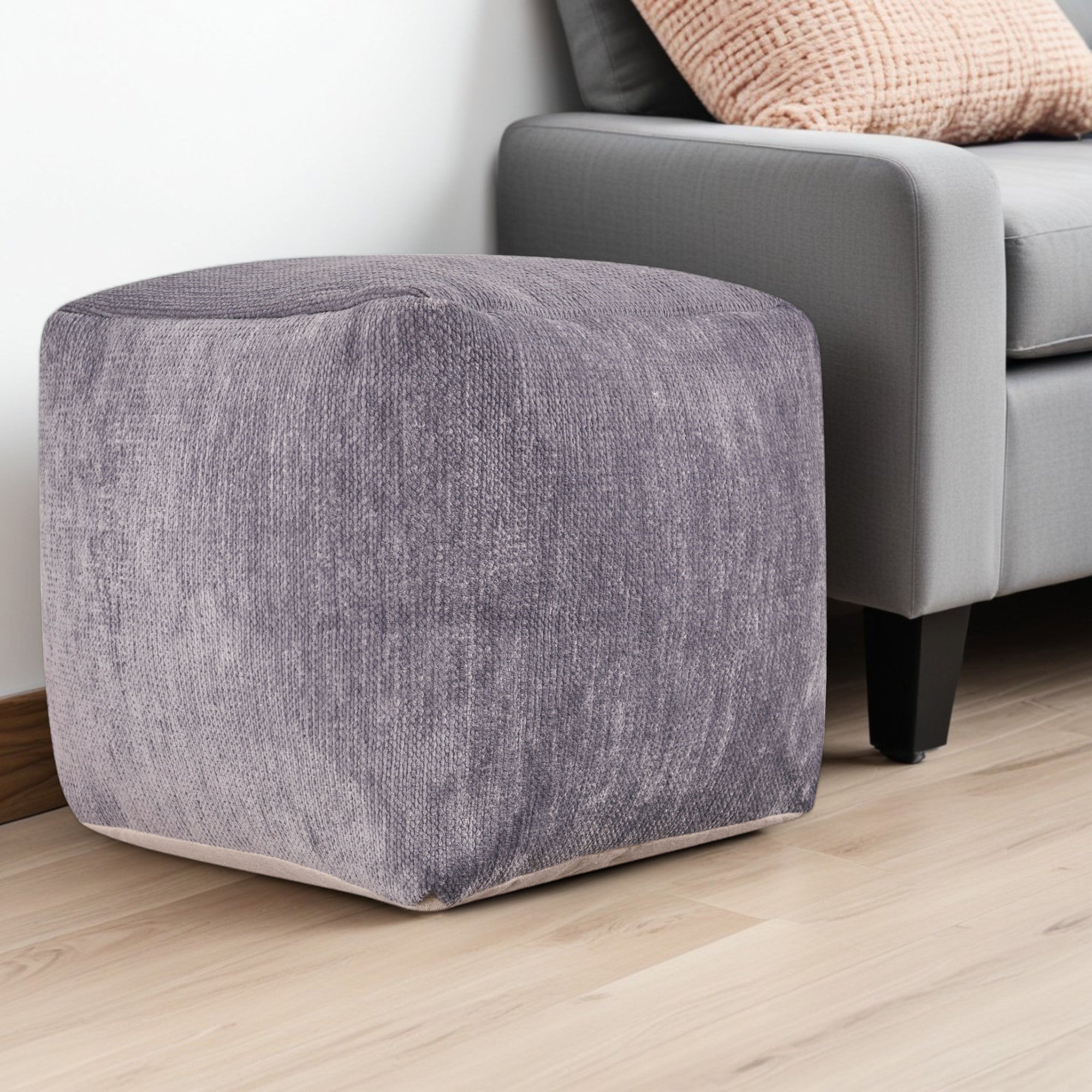 18" Gray Chenille Cube Pouf Ottoman-0