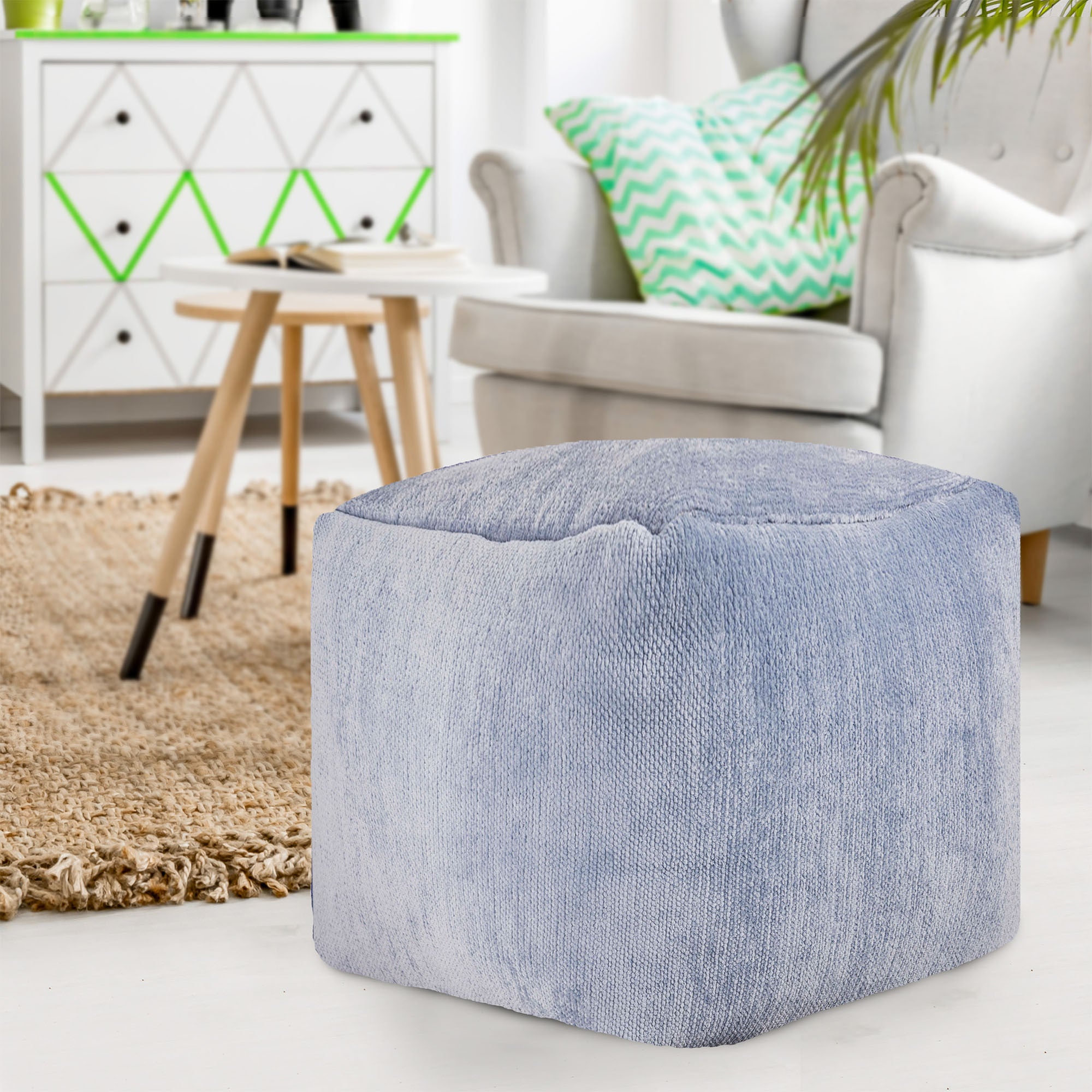 18" Blue Chenille Cube Pouf Ottoman-5
