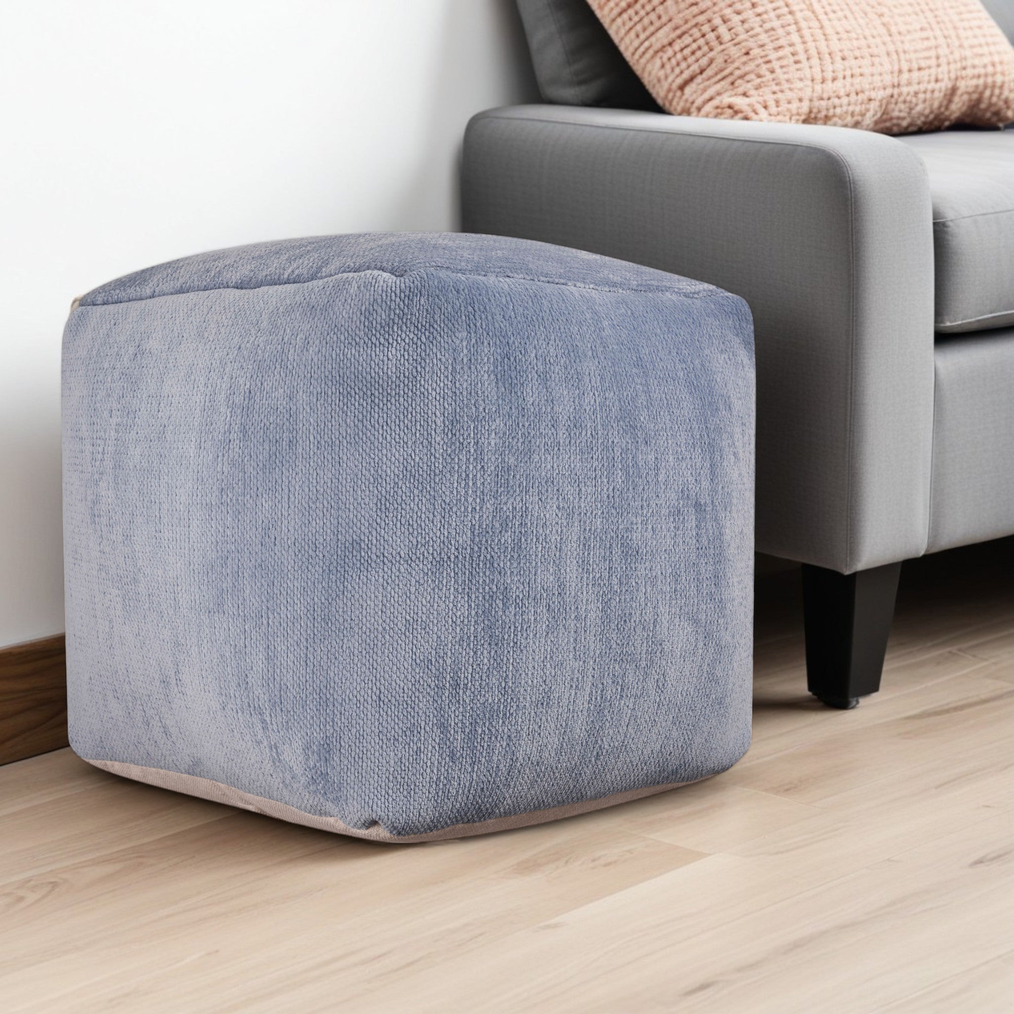 18" Blue Chenille Cube Pouf Ottoman-0