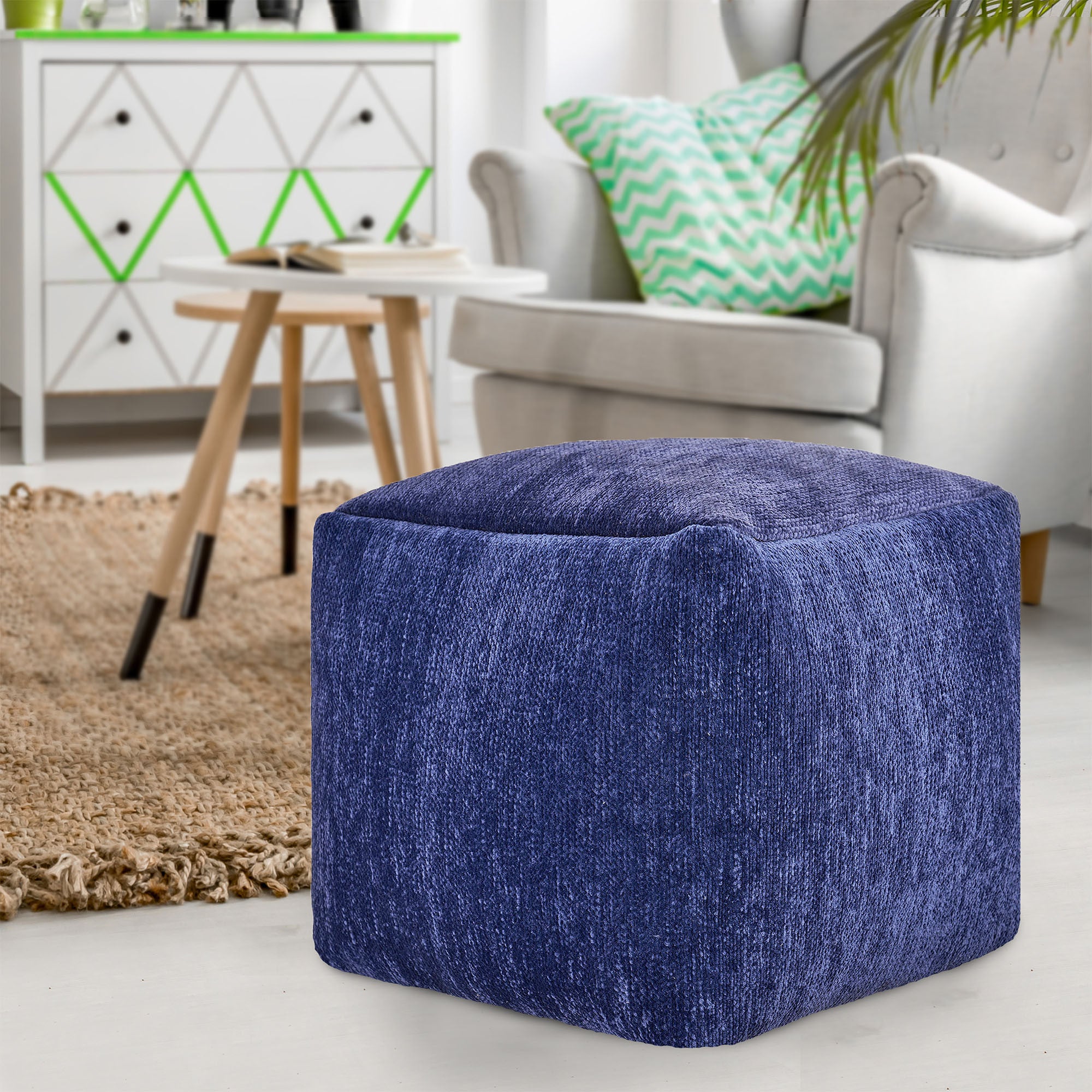 18" Blue Chenille Cube Pouf Ottoman-5
