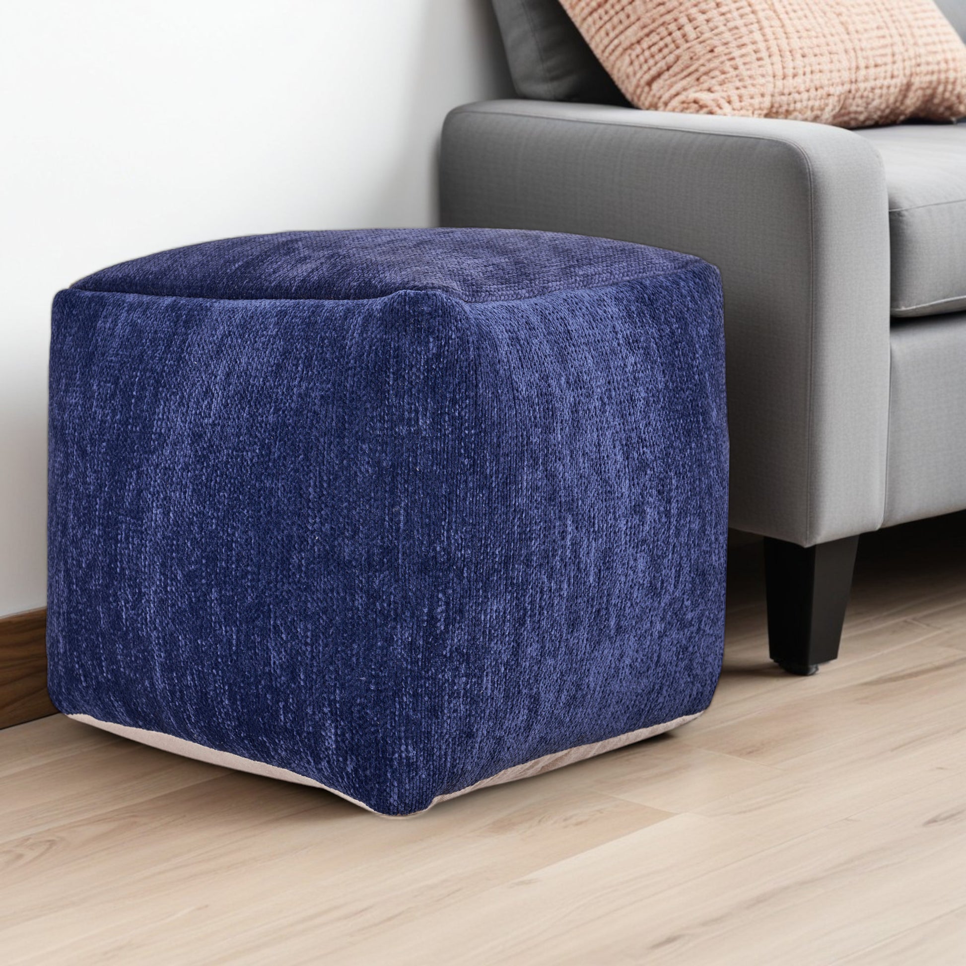 18" Blue Chenille Cube Pouf Ottoman-1