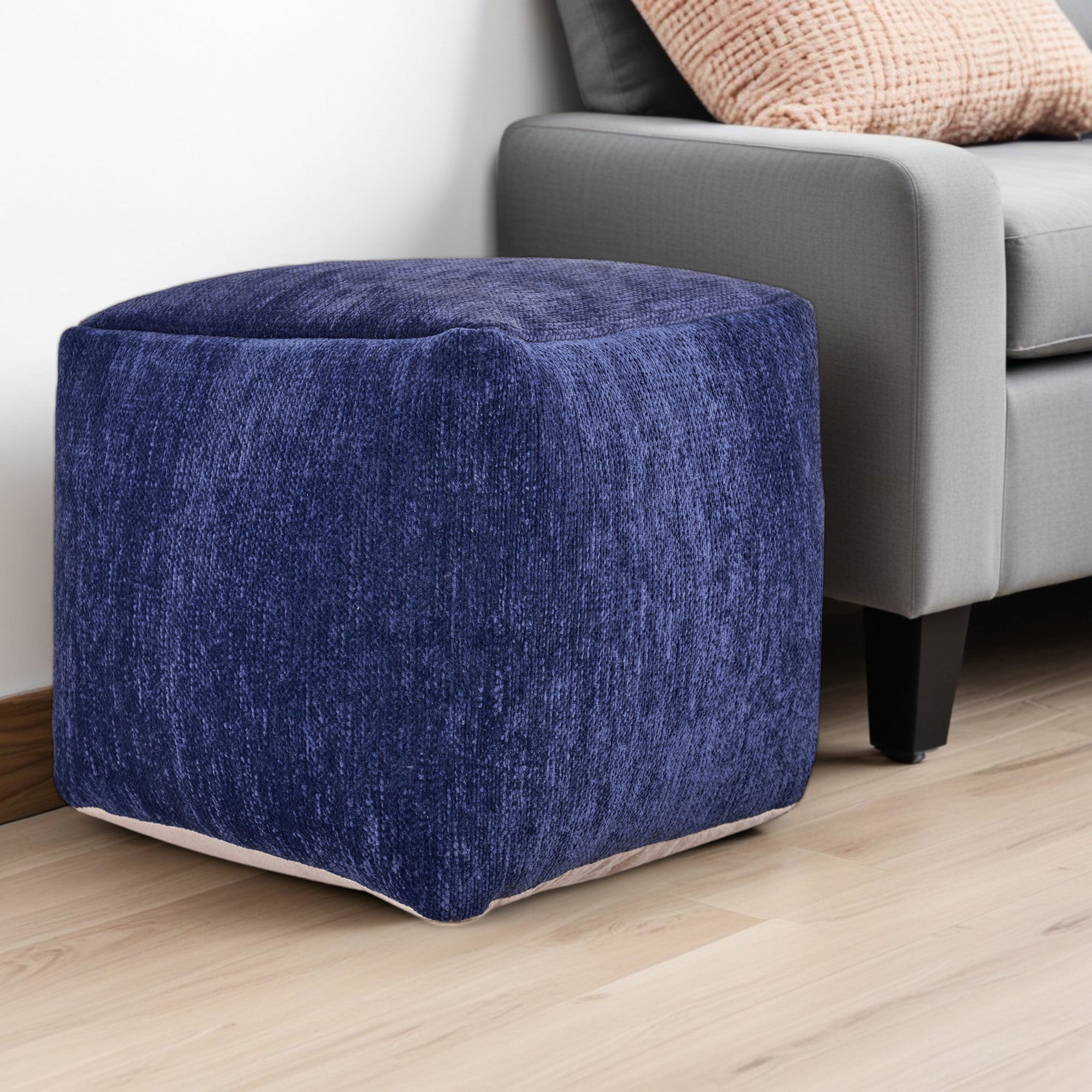 18" Blue Chenille Cube Pouf Ottoman-1