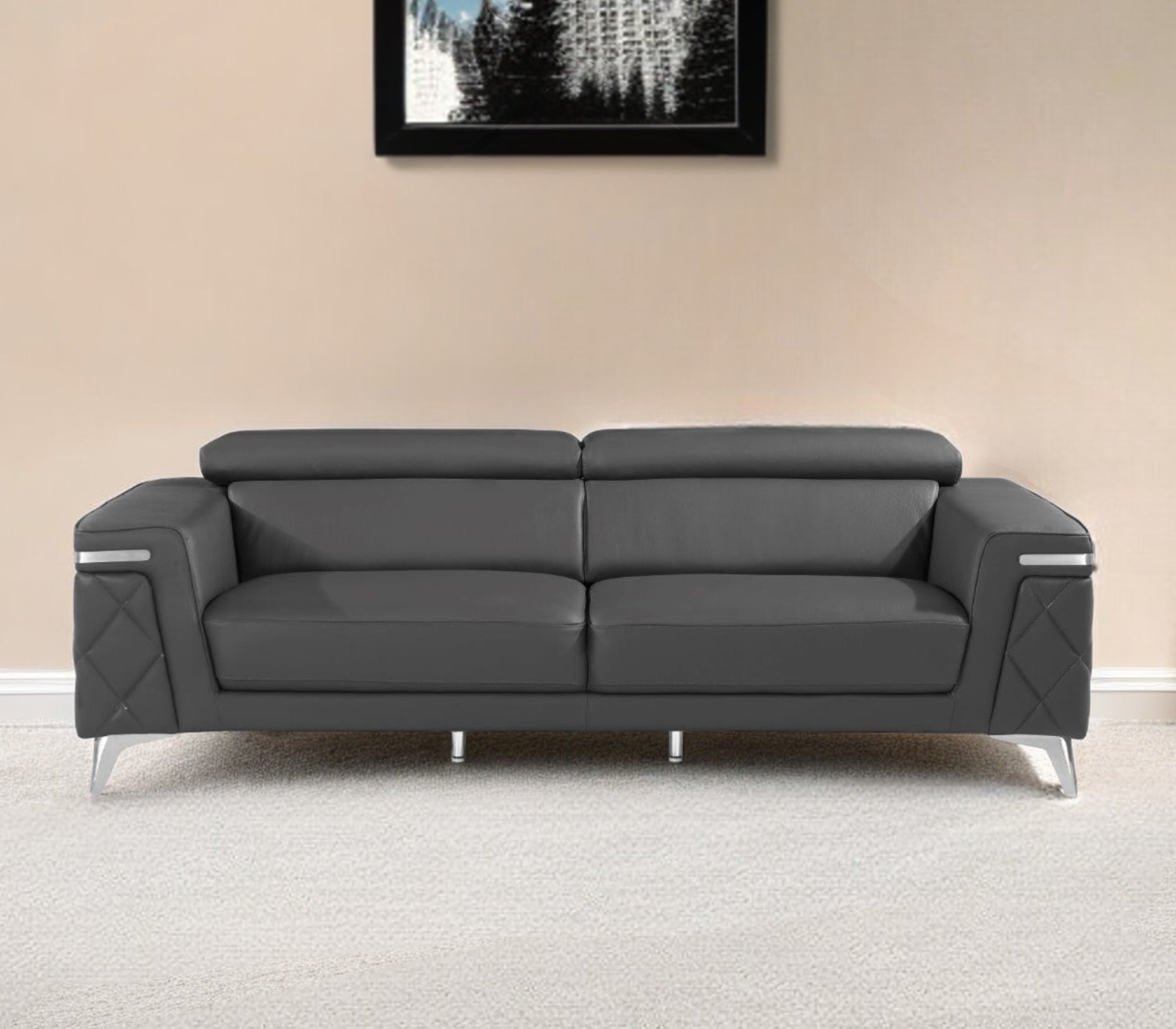 89" Dark Gray Italian Leather Sofa With Silver Legs-0
