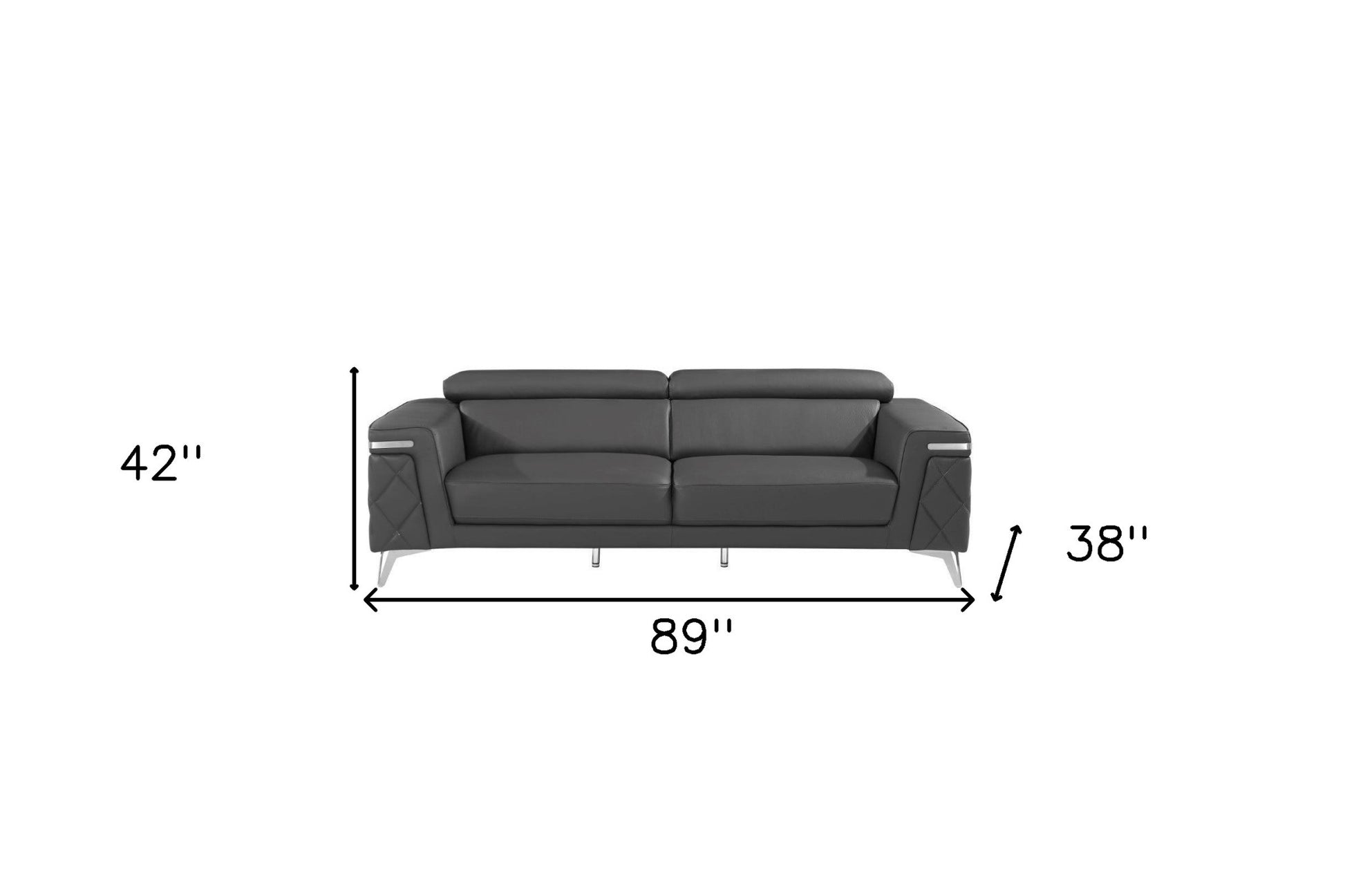 89" Dark Gray Italian Leather Sofa With Silver Legs-7
