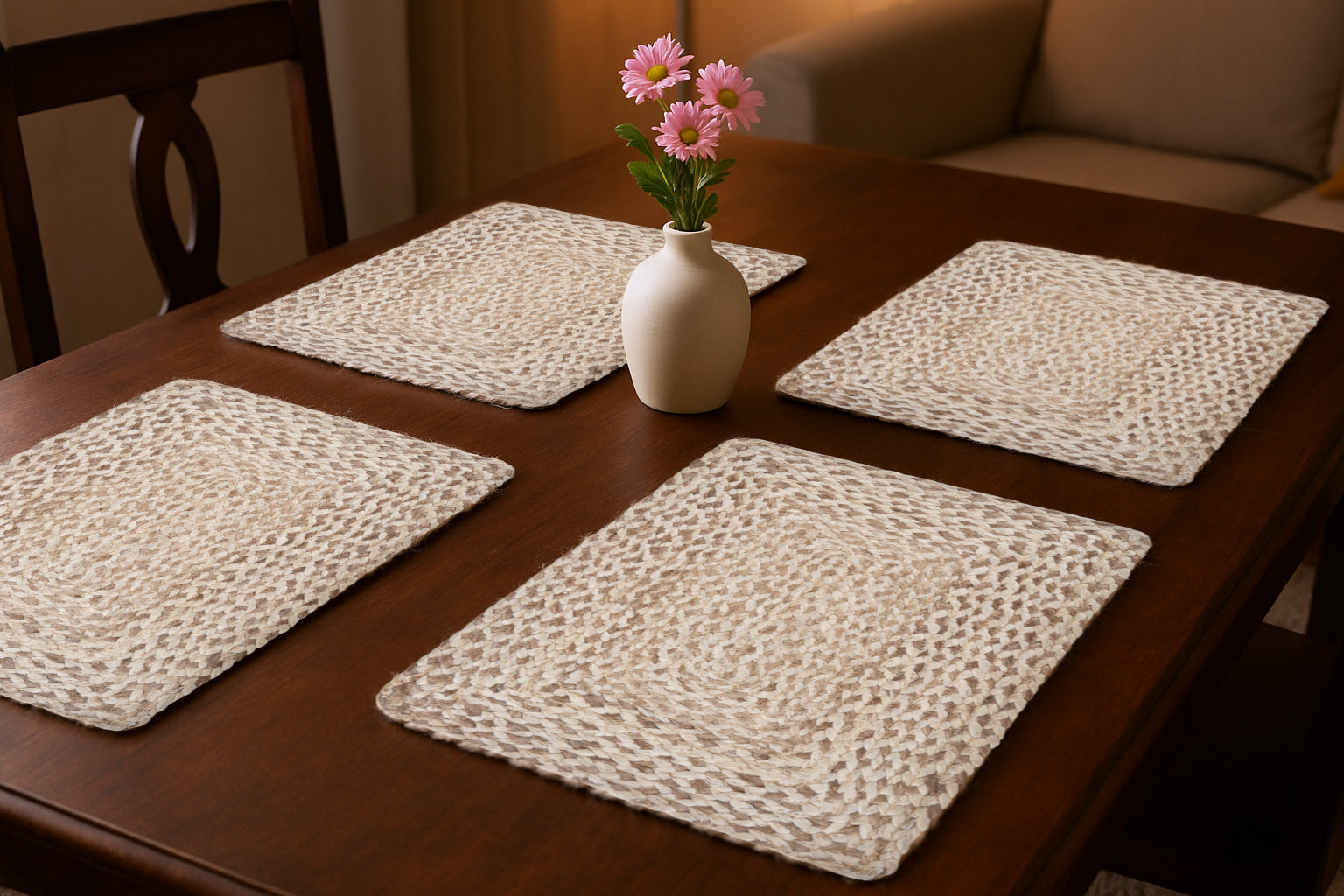 19" Set of Four Ivory And Natural Jute Placemats-Dining Linens-DECOROLALA
