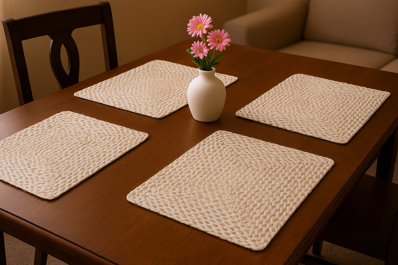 15" Set of Four Ivory And Natural Jute Square Placemats-Dining Linens-DECOROLALA