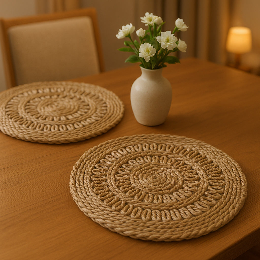 15" Set of Two Natural Braided Jute Round Placemats-Dining Linens-DECOROLALA