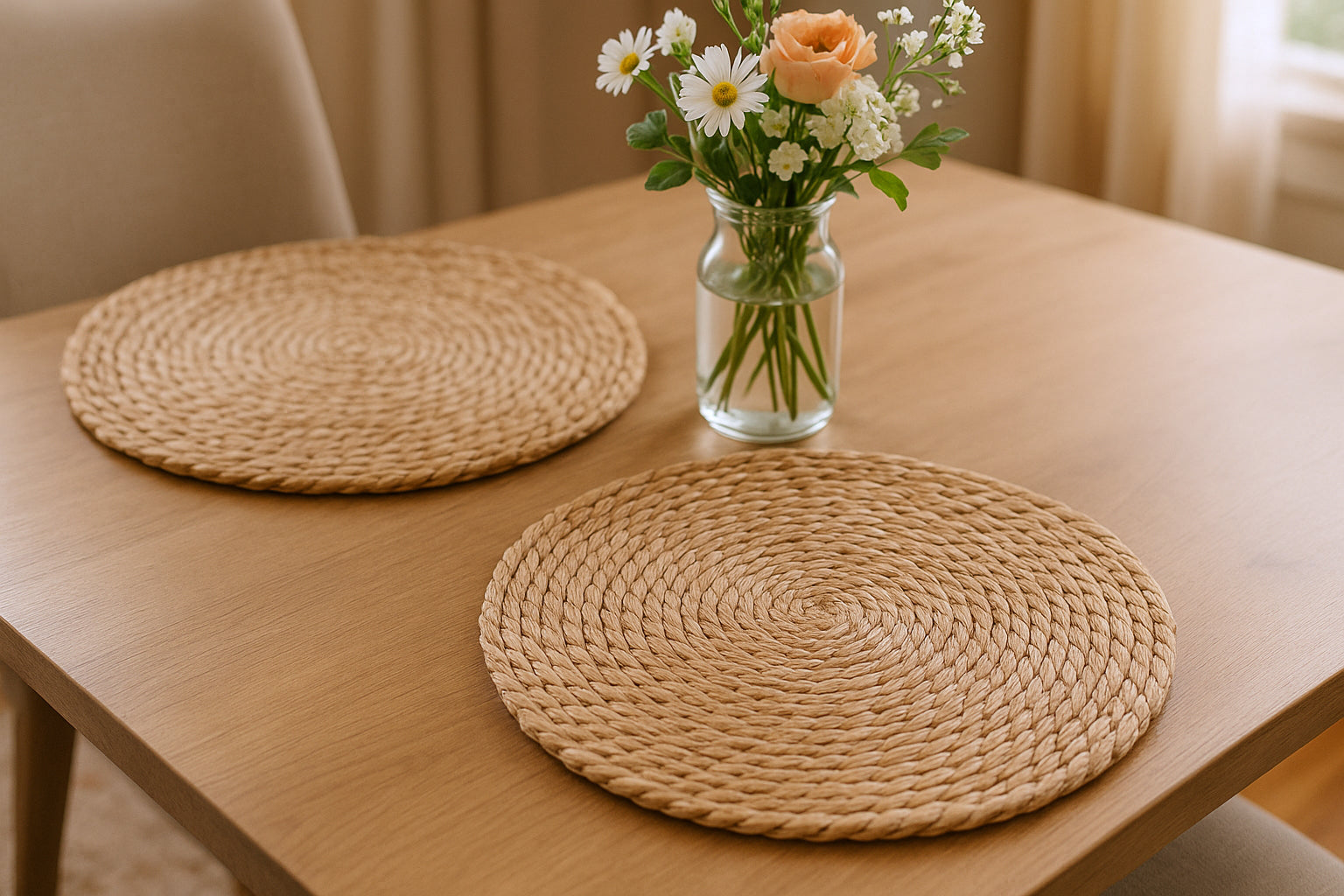 15" Set of Two Natural Jute Round Placemats-Dining Linens-DECOROLALA