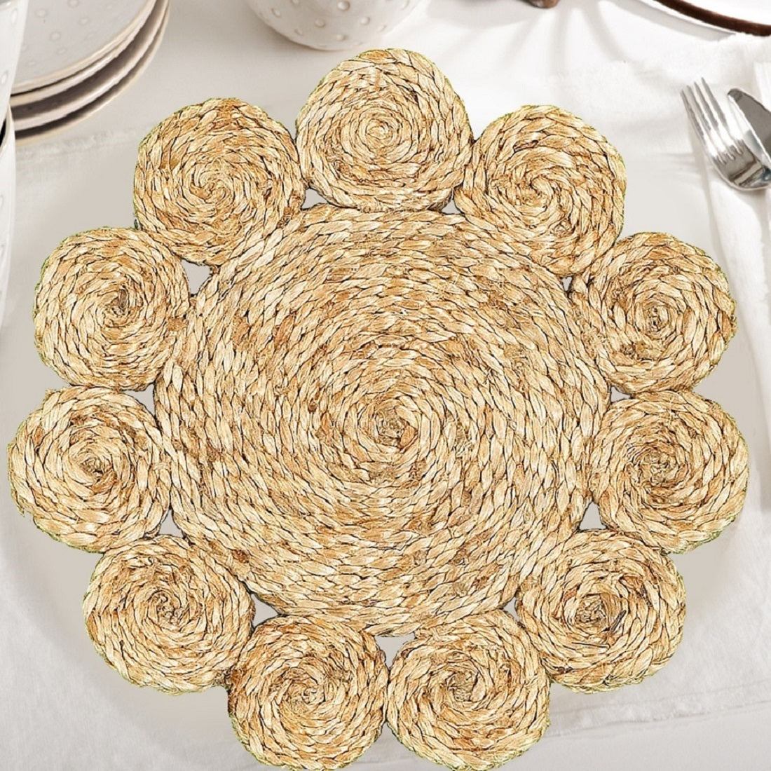 15" Set of Two Natural Braided Jute Scalloped Placemats-Dining Linens-DECOROLALA