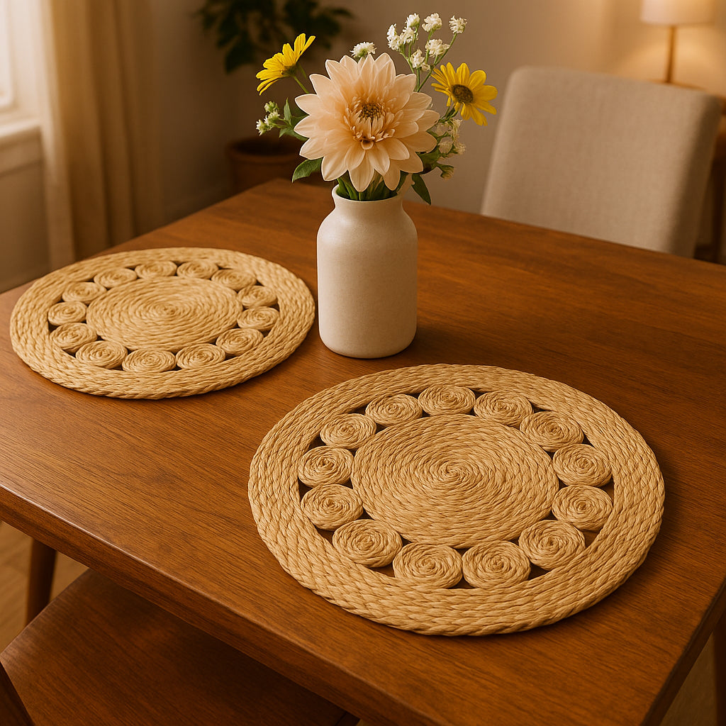 15" Set of Two Natural Braided Jute Round Placemats-Dining Linens-DECOROLALA