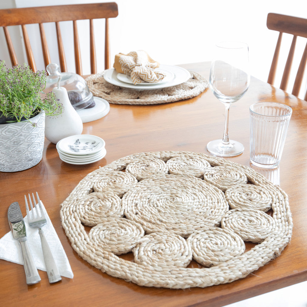 15" Set of Two Natural Braided Jute Round Placemats-Dining Linens-DECOROLALA