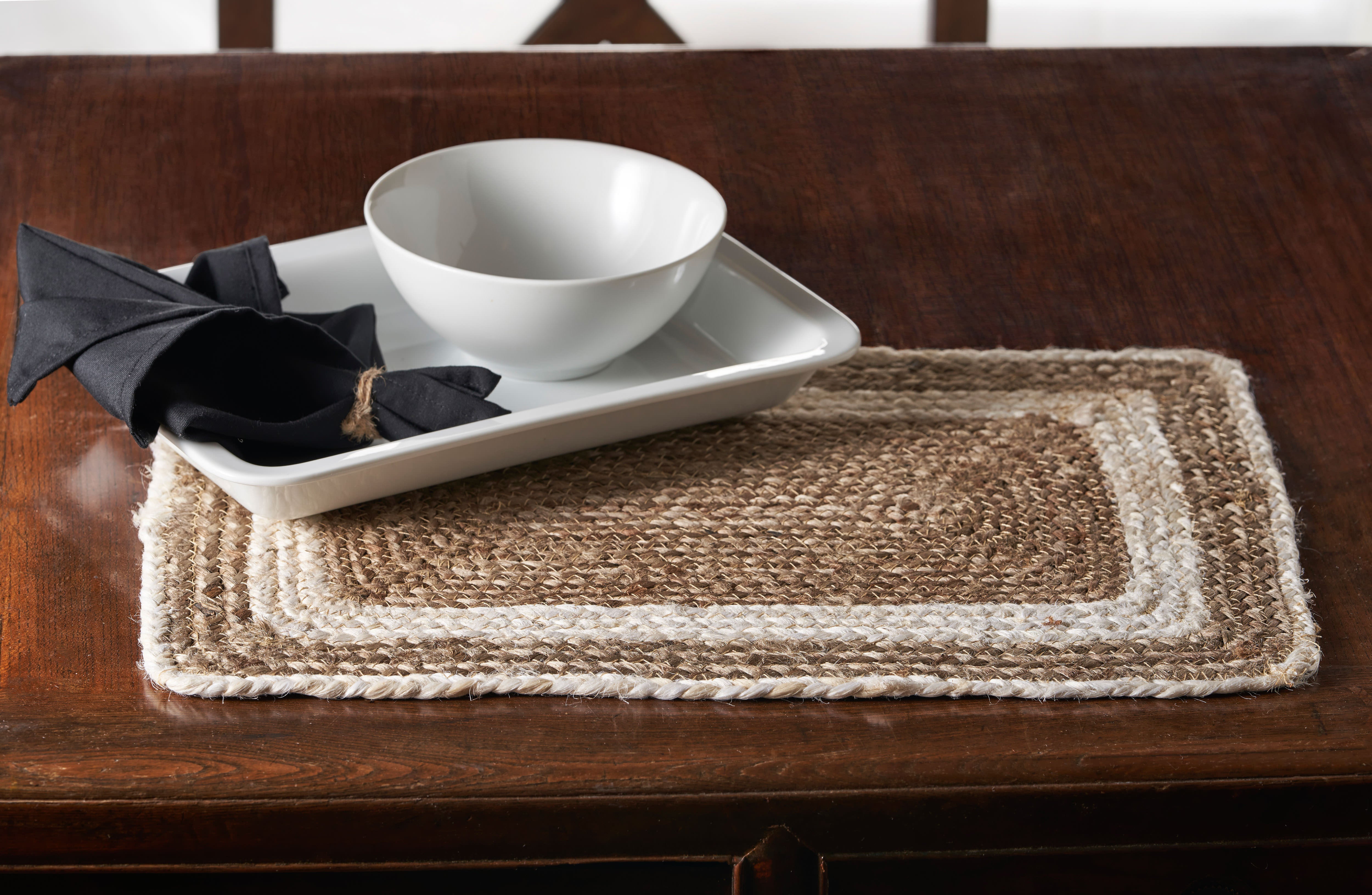 19" Set of Four Natural And Ivory Geometric Braided Jute Placemats-Dining Linens-DECOROLALA