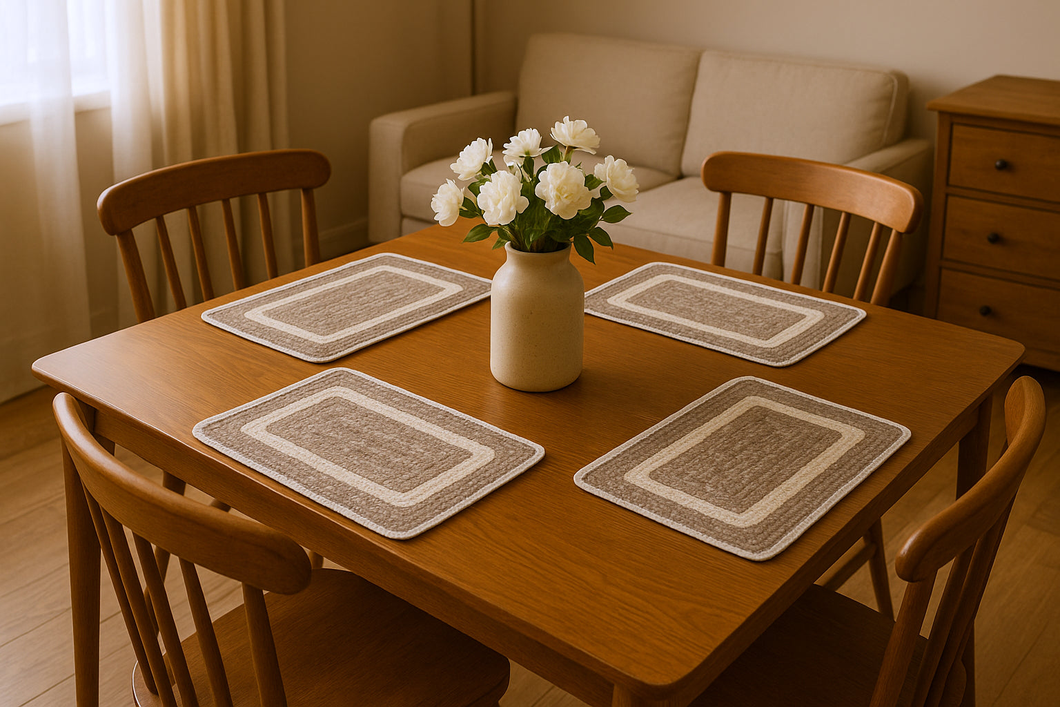 19" Set of Four Natural And Ivory Geometric Braided Jute Placemats-Dining Linens-DECOROLALA