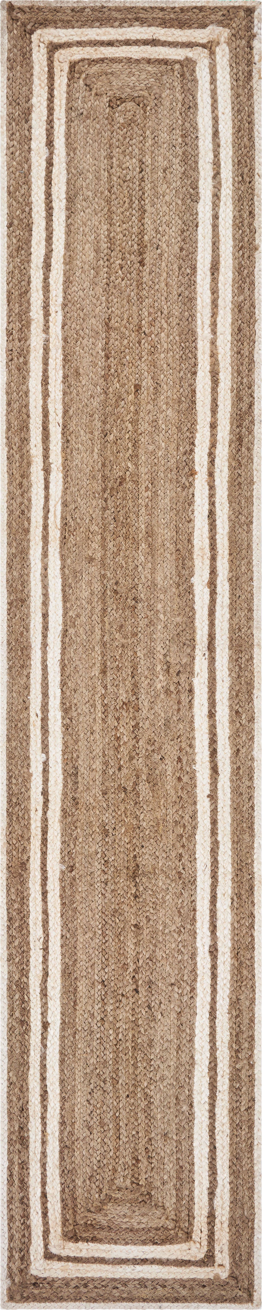 80" Natural And Cream Geometric Bordered Jute Table Runner-Dining Linens-DECOROLALA
