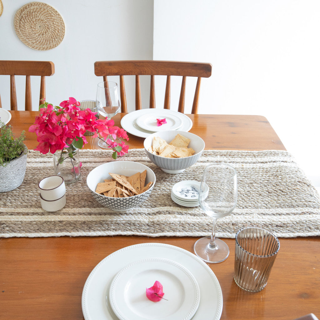 80" Natural And Cream Geometric Bordered Jute Table Runner-Dining Linens-DECOROLALA