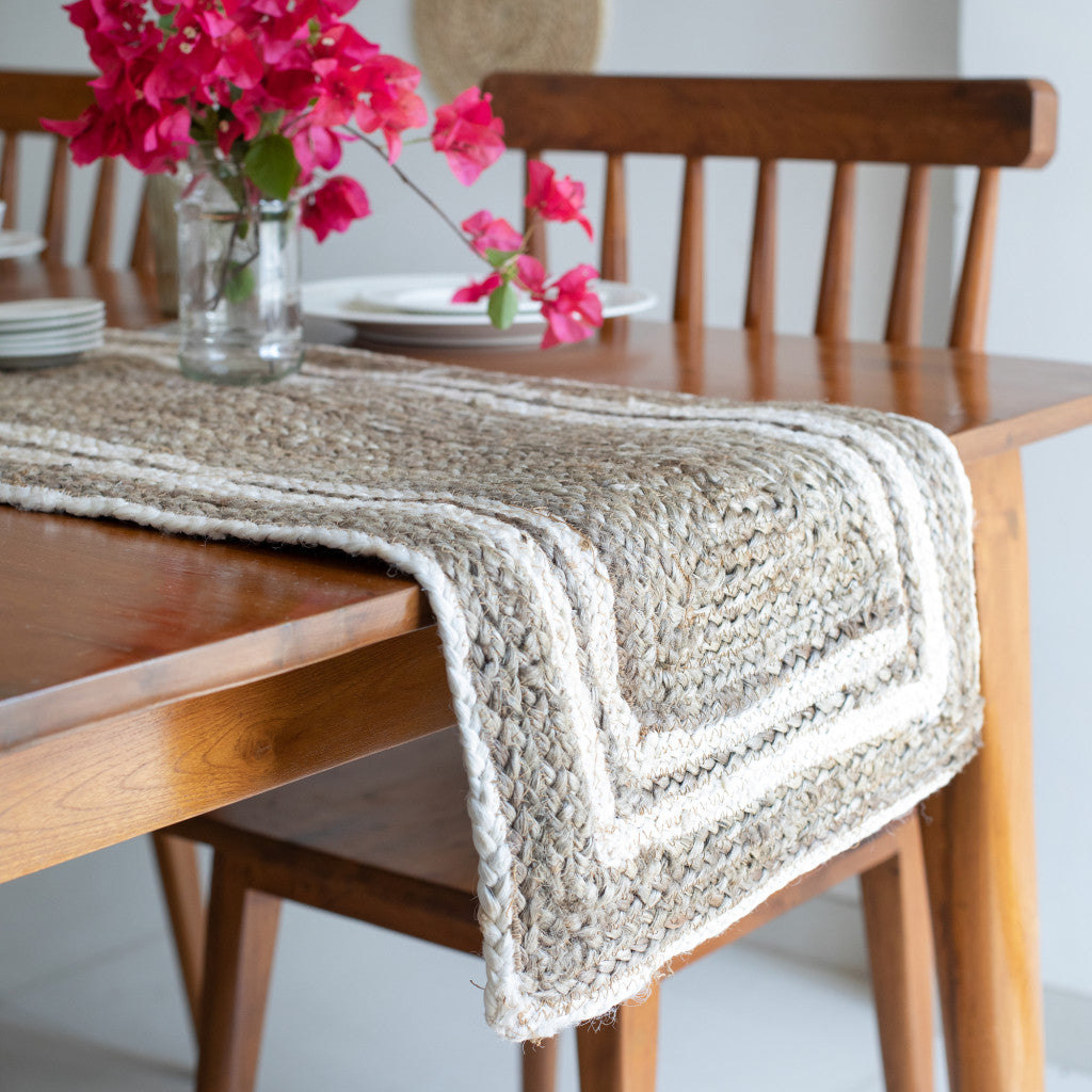 80" Natural And Cream Geometric Bordered Jute Table Runner-Dining Linens-DECOROLALA