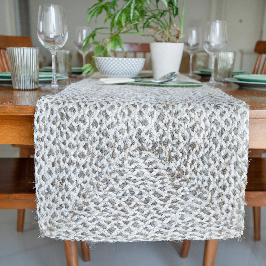 80" Brown Ivory And Natural Braided Jute Table Runner-Dining Linens-DECOROLALA
