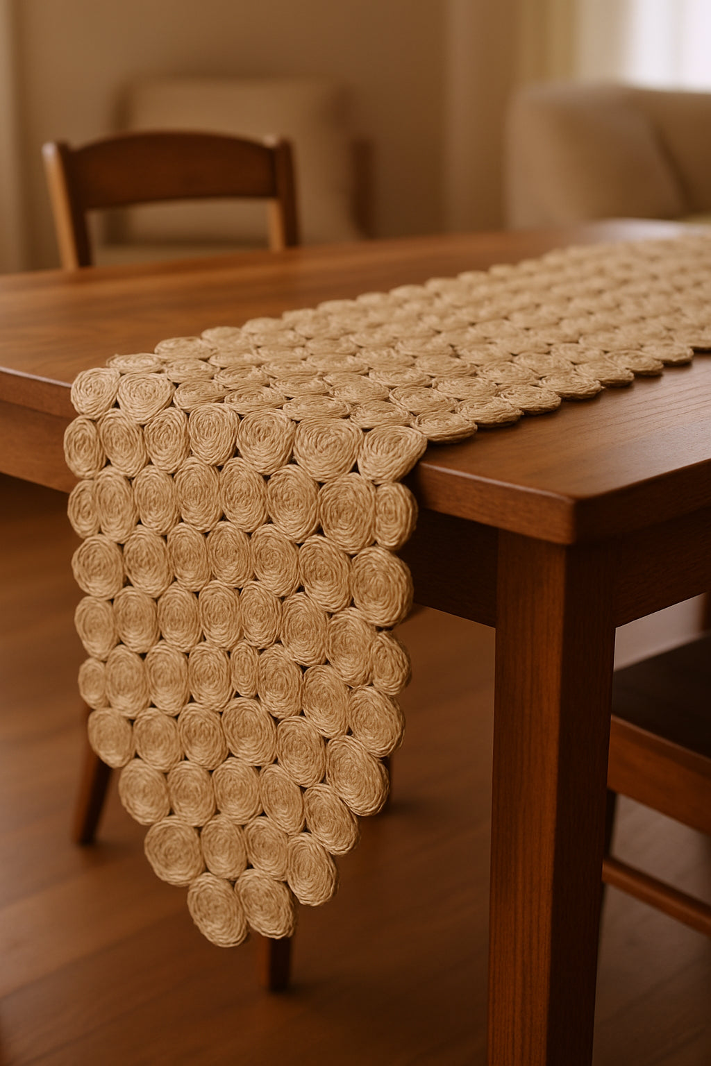 80" Natural Geometric Circles Scalloped Shape Jute Table Runner-Dining Linens-DECOROLALA