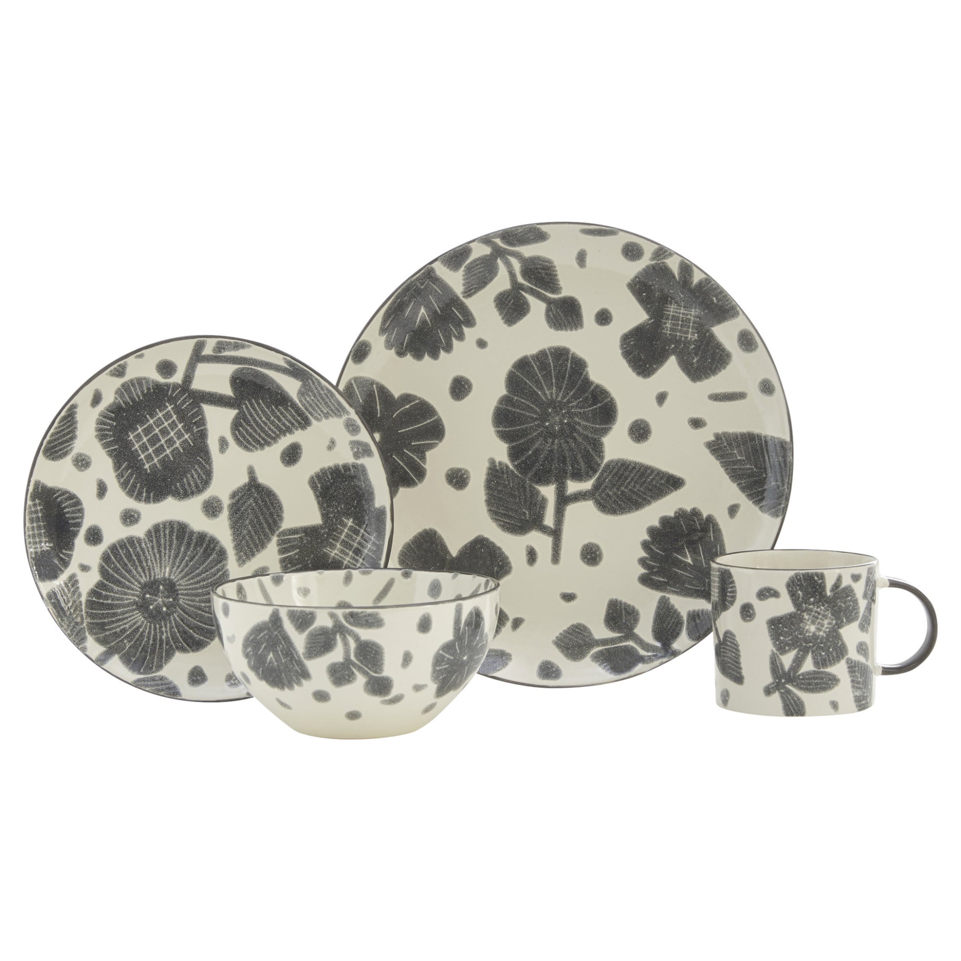 Gray and Ivory Sixteen Piece Round Floral Ceramic Service For Four Dinnerware Set-0