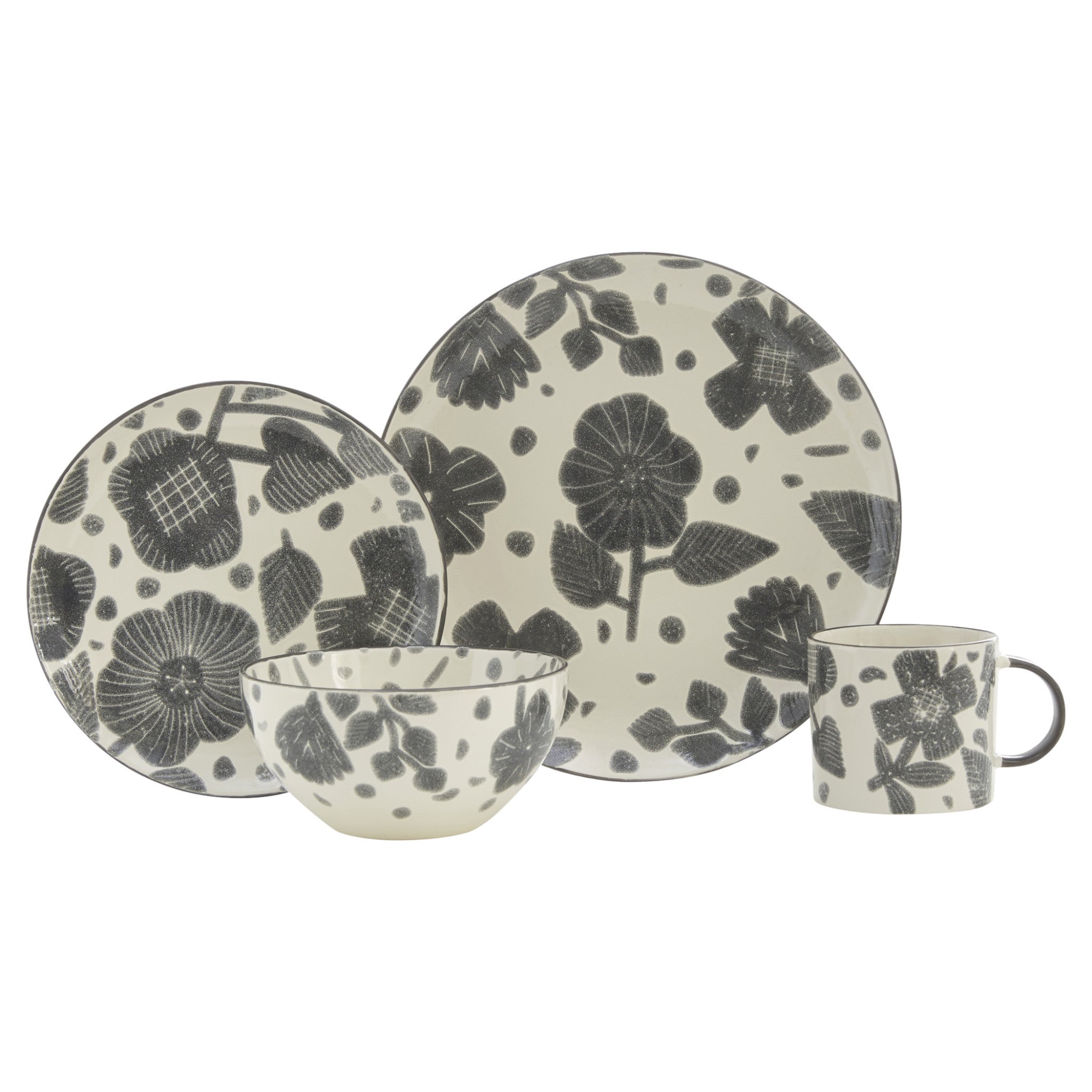 Gray and Ivory Sixteen Piece Round Floral Ceramic Service For Four Dinnerware Set-0