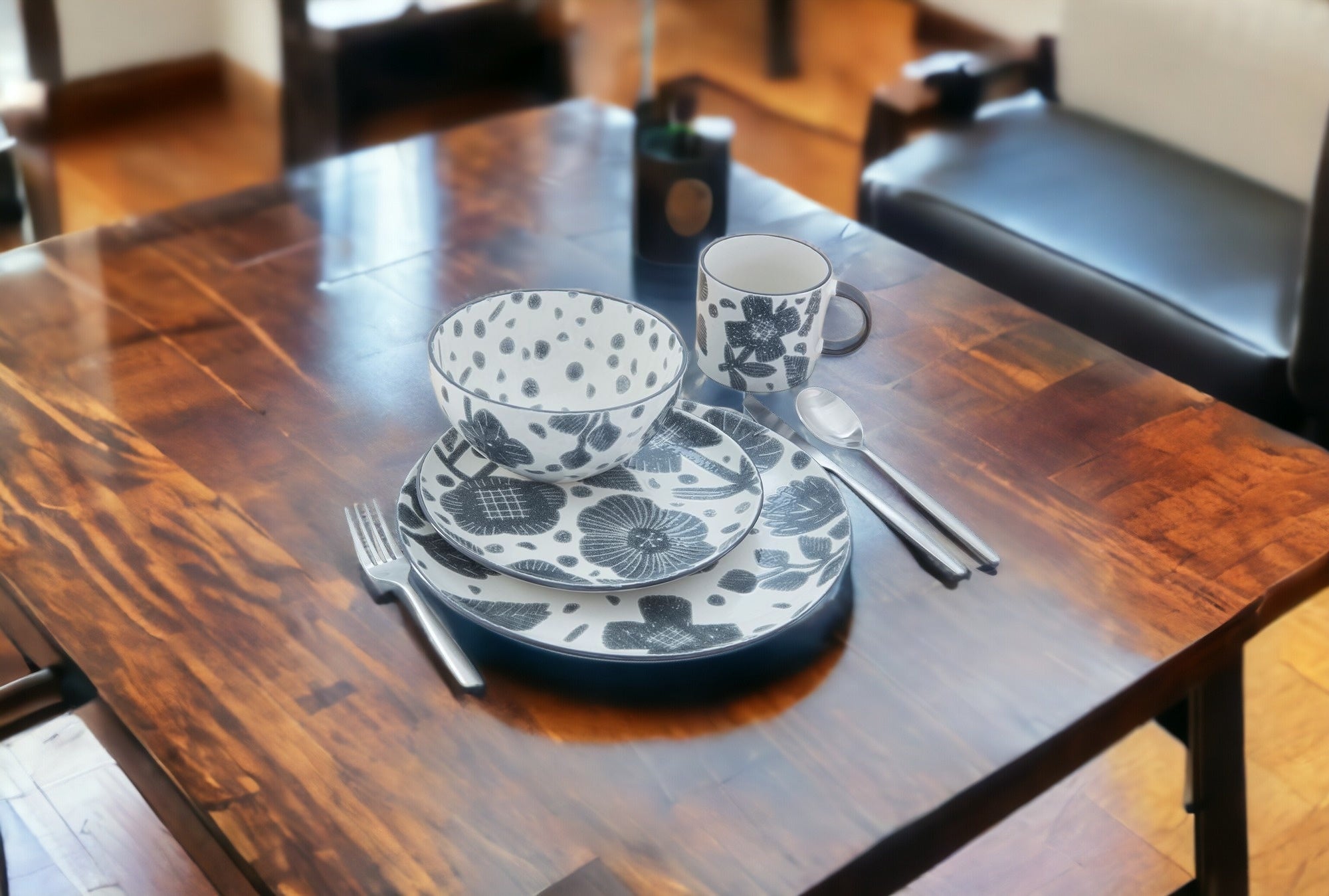 Gray and Ivory Sixteen Piece Round Floral Ceramic Service For Four Dinnerware Set-1