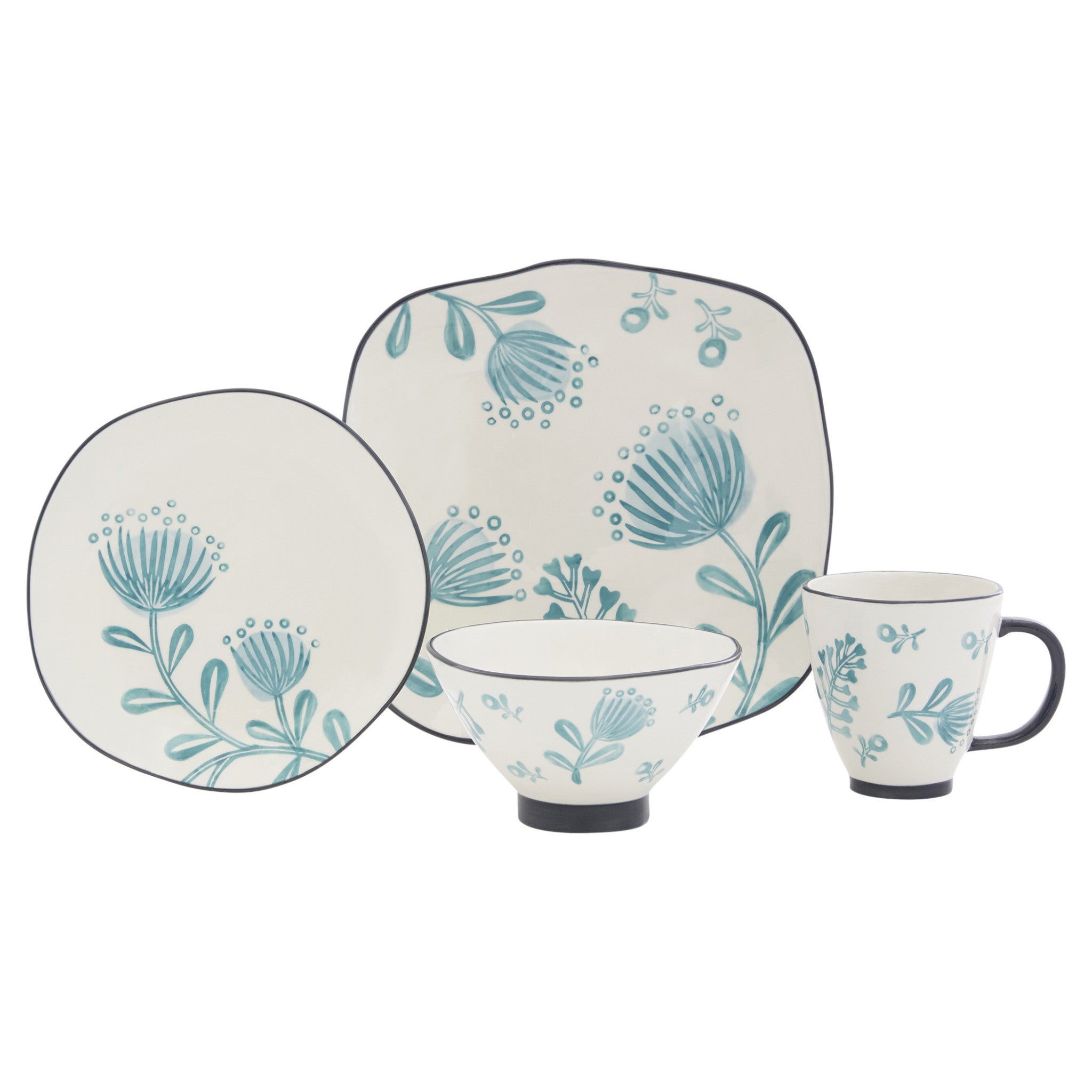 Blue and White Sixteen Piece Round Floral Ceramic Service For Four Dinnerware Set-0