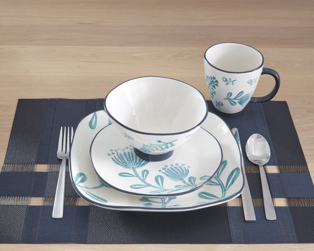 Blue and White Sixteen Piece Round Floral Ceramic Service For Four Dinnerware Set-6