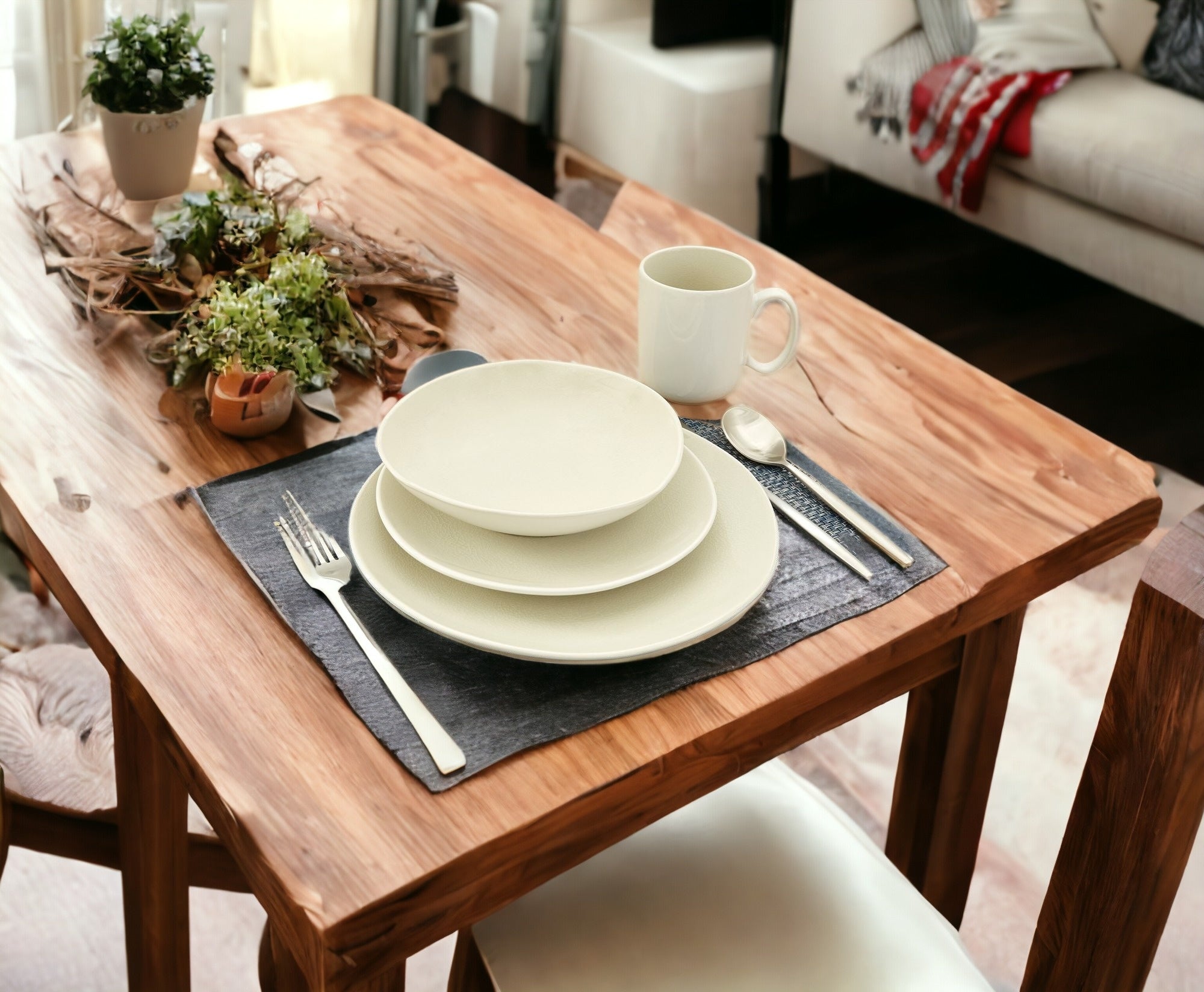 White and Natural Sixteen Piece Round Ceramic Service For Four Dinnerware Set-1
