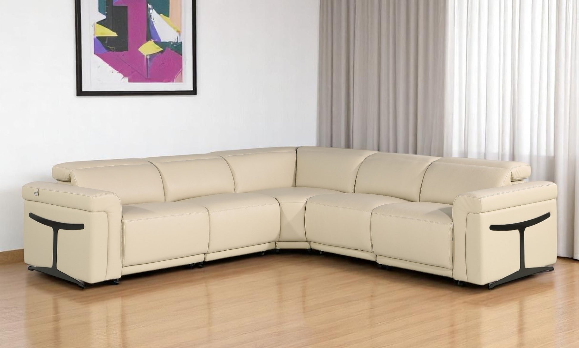 Beige Italian Leather Modular L Shaped Five Piece Corner Sectional-Sectionals-DECOROLALA