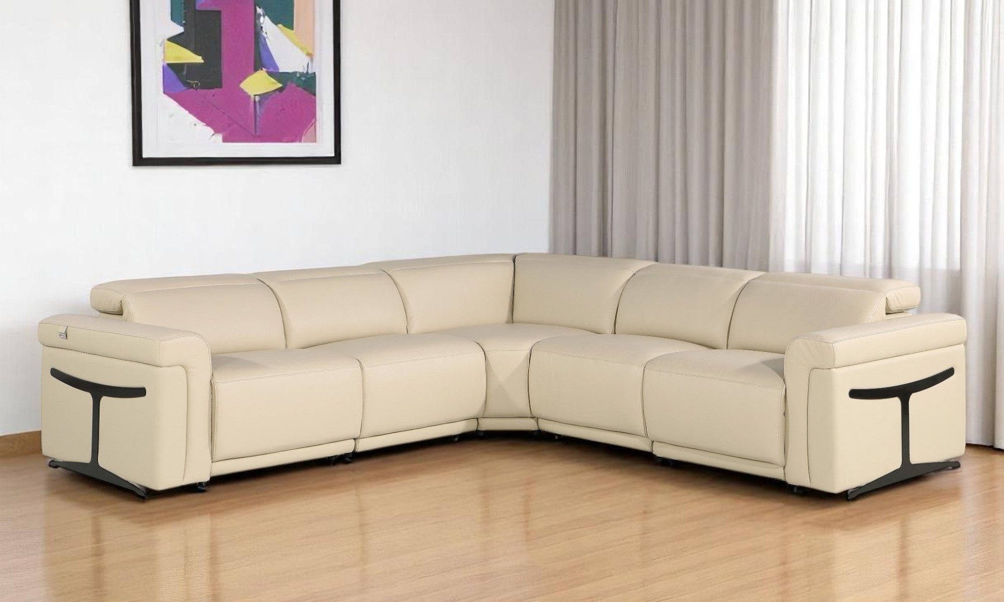 Beige Italian Leather Modular L Shaped Five Piece Corner Sectional-Sectionals-DECOROLALA