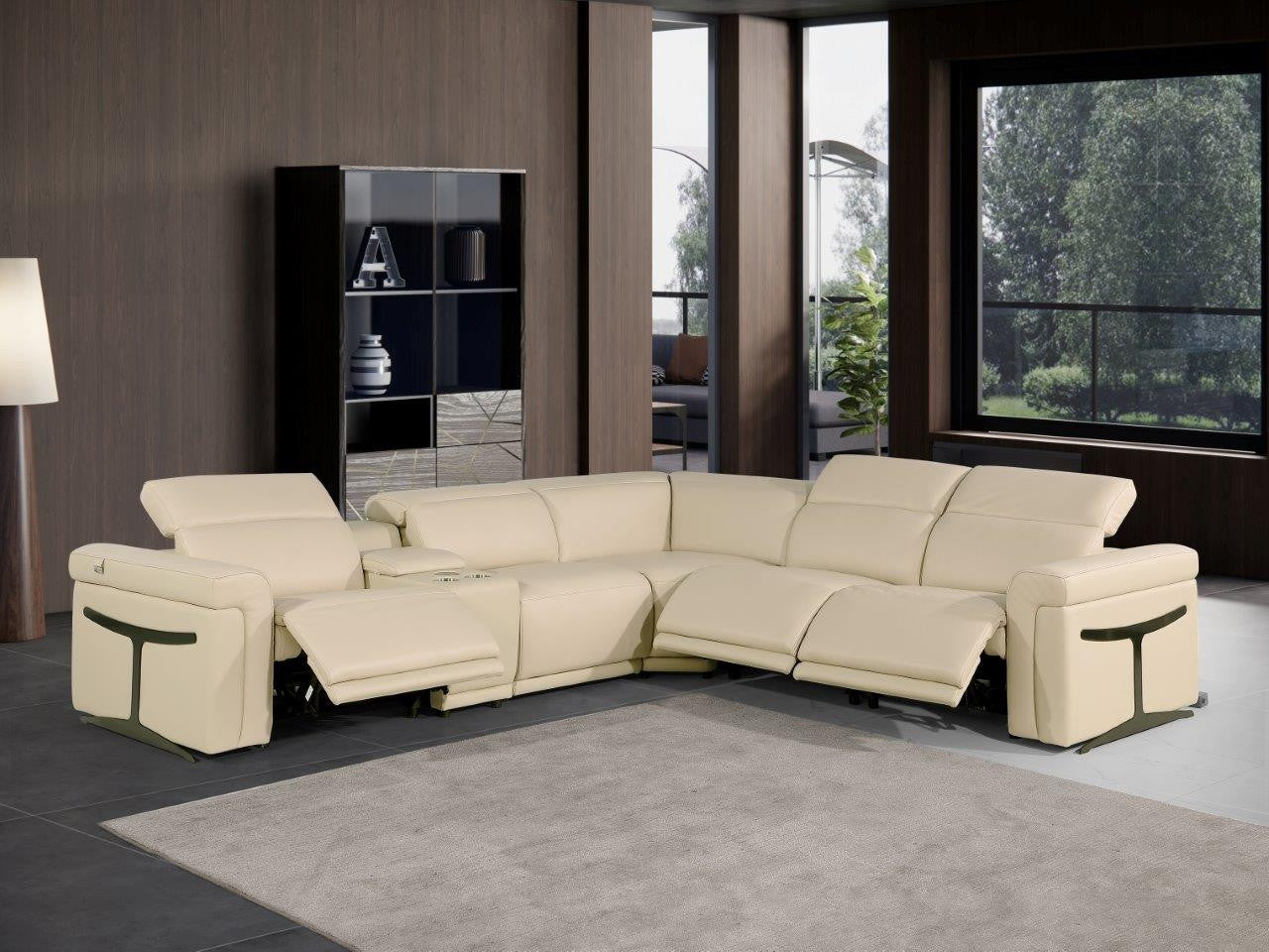 Beige Italian Leather Modular L Shaped Six Piece Corner Sectional With Console-Sectionals-DECOROLALA
