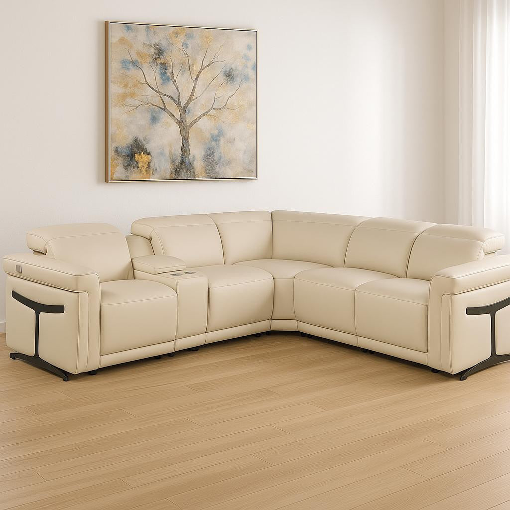 Beige Italian Leather Modular L Shaped Six Piece Corner Sectional With Console-Sectionals-DECOROLALA
