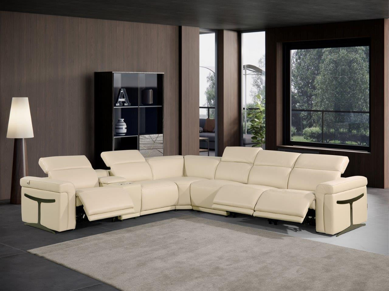 Beige Italian Leather Modular L Shaped Seven Piece Corner Sectional With Console-Sectionals-DECOROLALA
