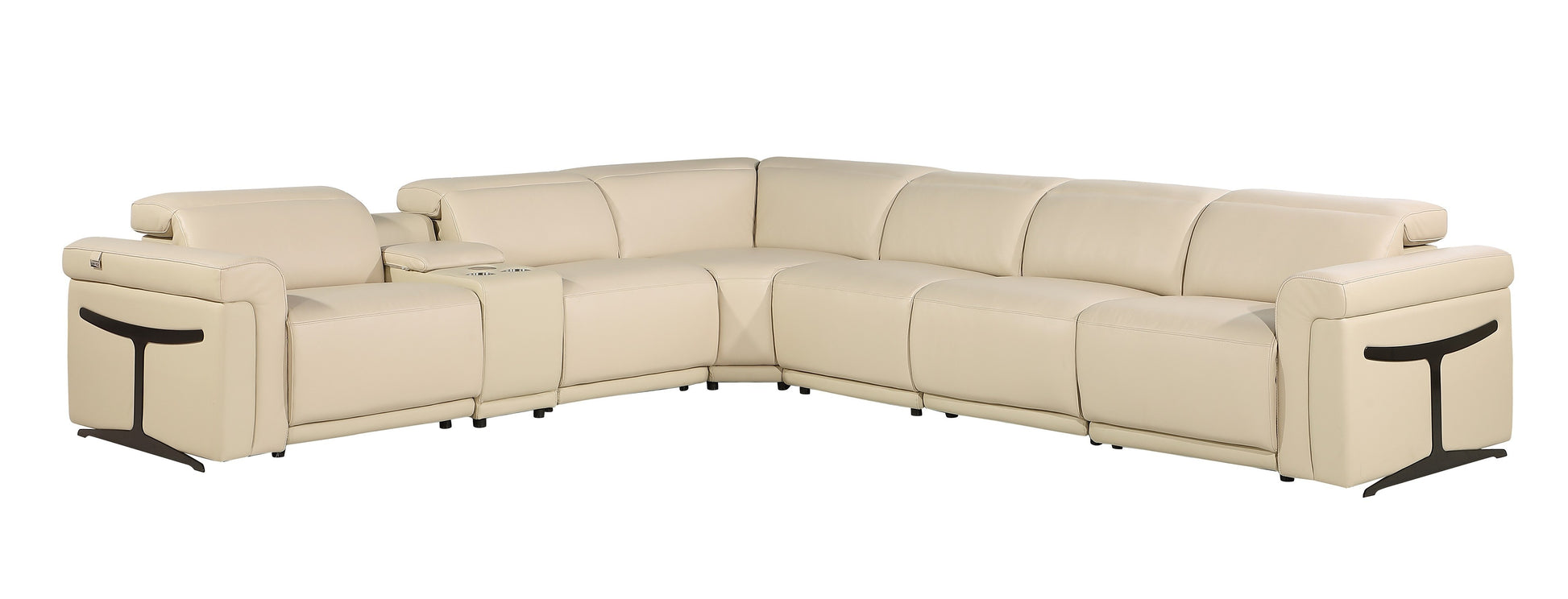 Beige Italian Leather Modular L Shaped Seven Piece Corner Sectional With Console-Sectionals-DECOROLALA