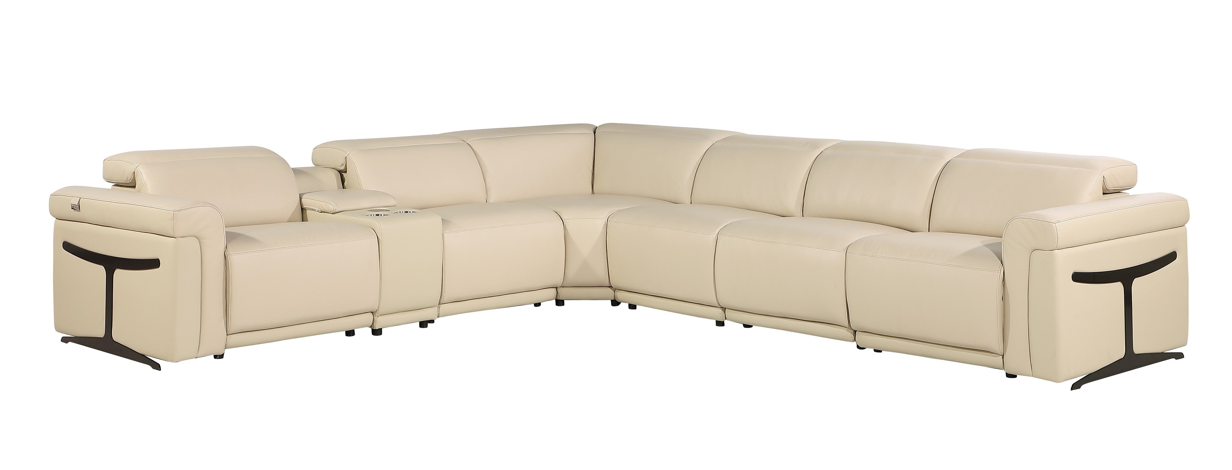 Beige Italian Leather Modular L Shaped Seven Piece Corner Sectional With Console-Sectionals-DECOROLALA