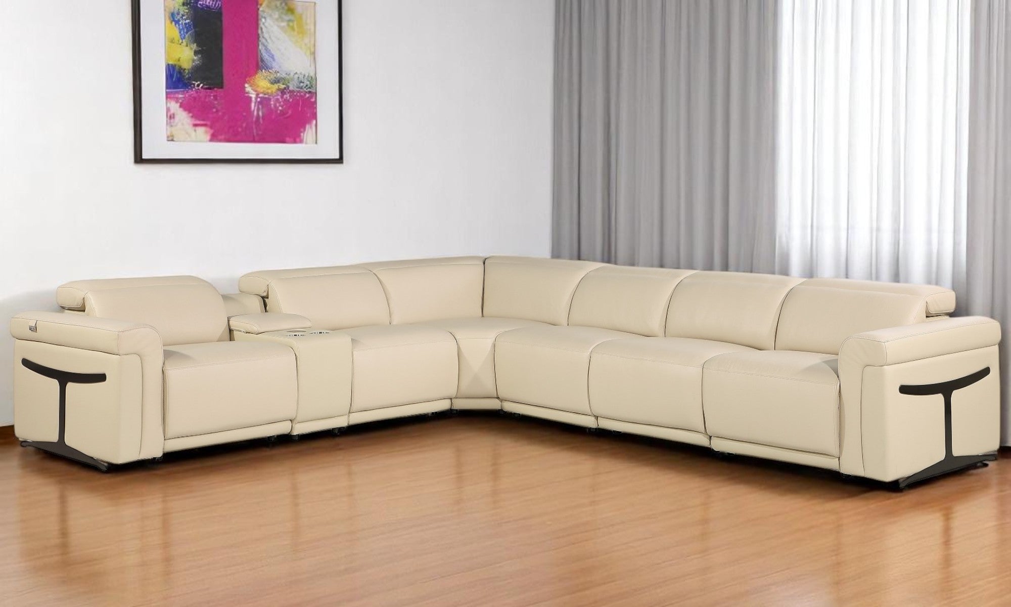 Beige Italian Leather Modular L Shaped Seven Piece Corner Sectional With Console-Sectionals-DECOROLALA