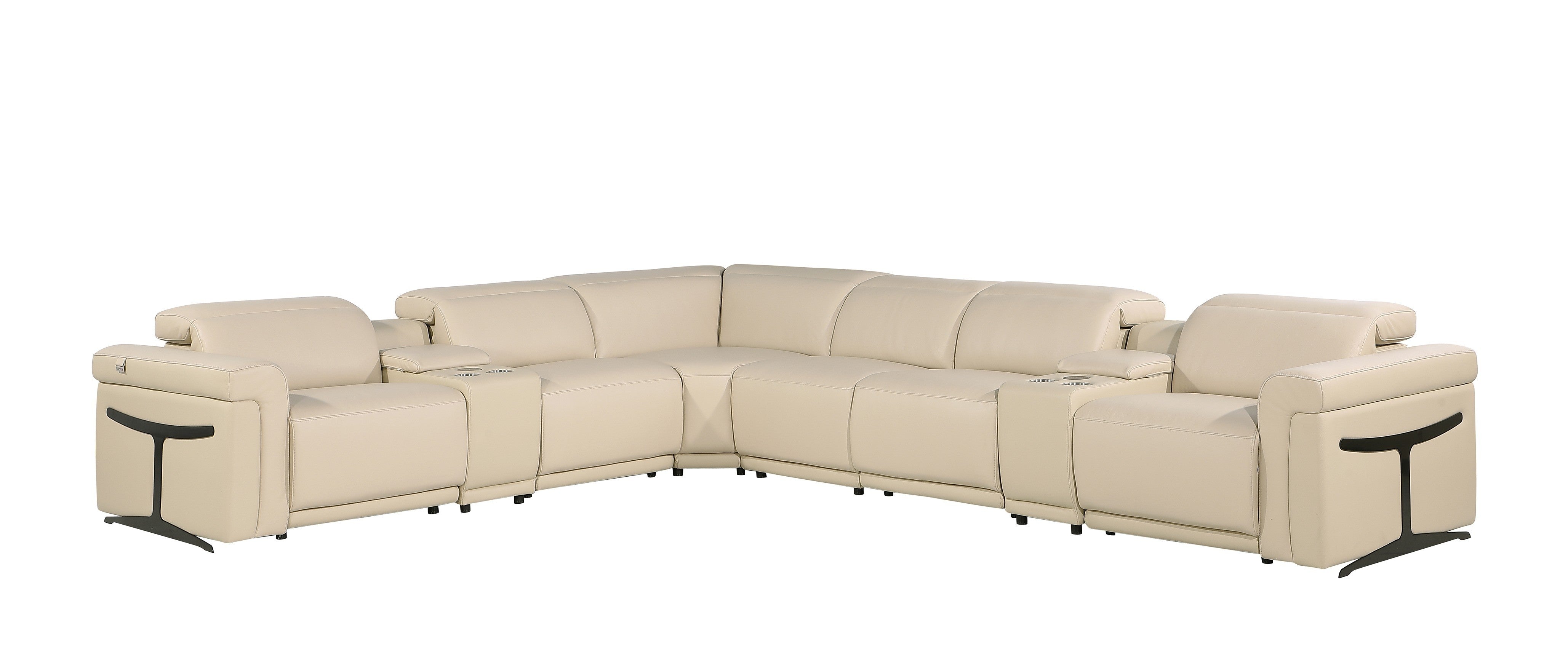 Beige Italian Leather Modular L Shaped Eight Piece Corner Sectional With Console-Sectionals-DECOROLALA