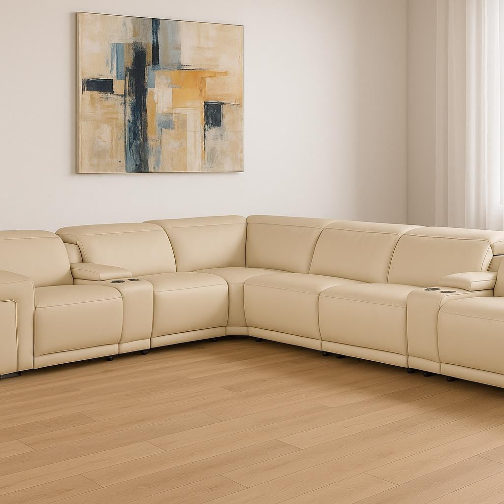 Beige Italian Leather Modular L Shaped Eight Piece Corner Sectional With Console-Sectionals-DECOROLALA