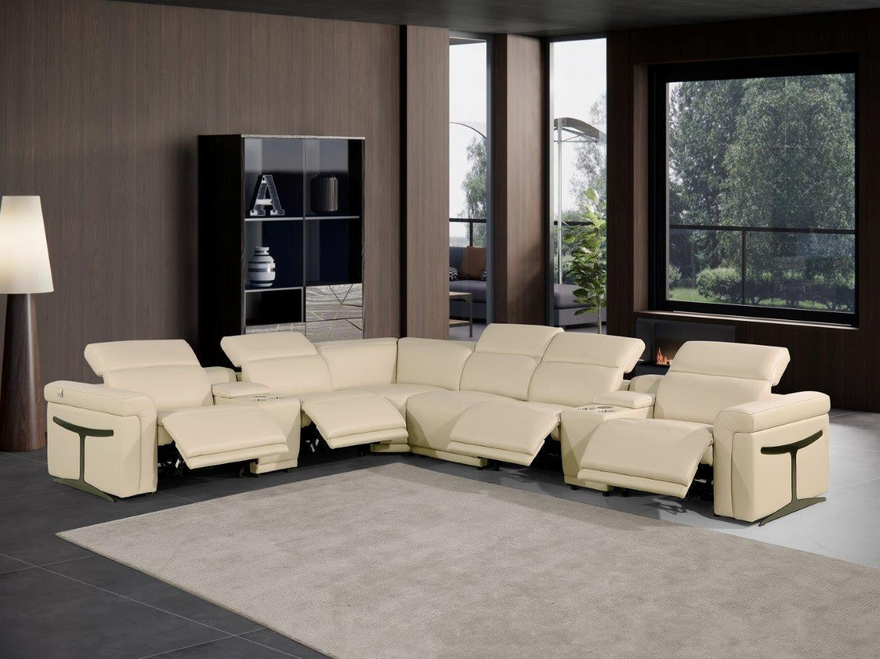 Beige Italian Leather Modular L Shaped Eight Piece Corner Sectional With Console-Sectionals-DECOROLALA